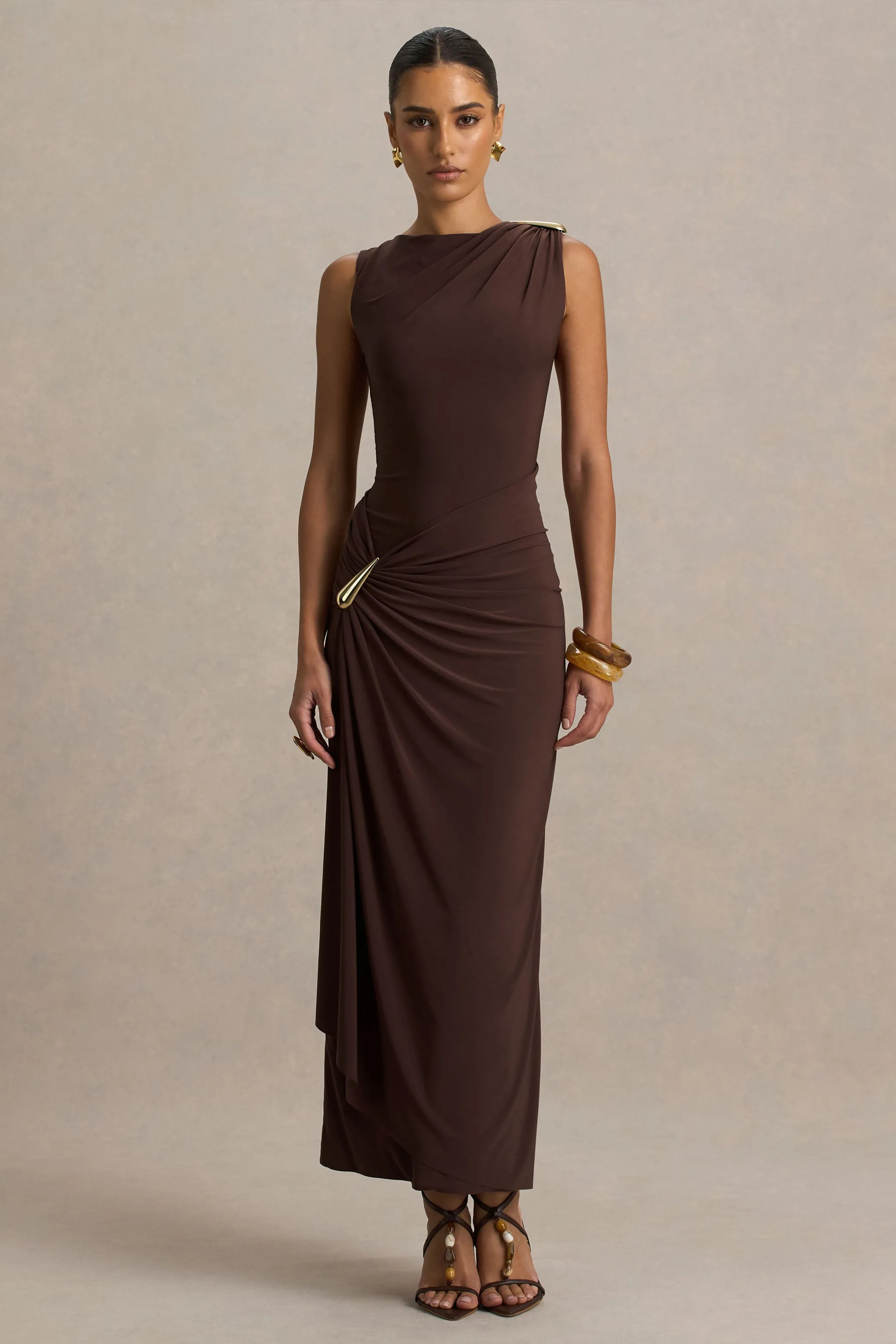 Fiora | Brown Wide-Neck Maxi Dress With Gathered Detail sold by Club L London product image thumbnail 5