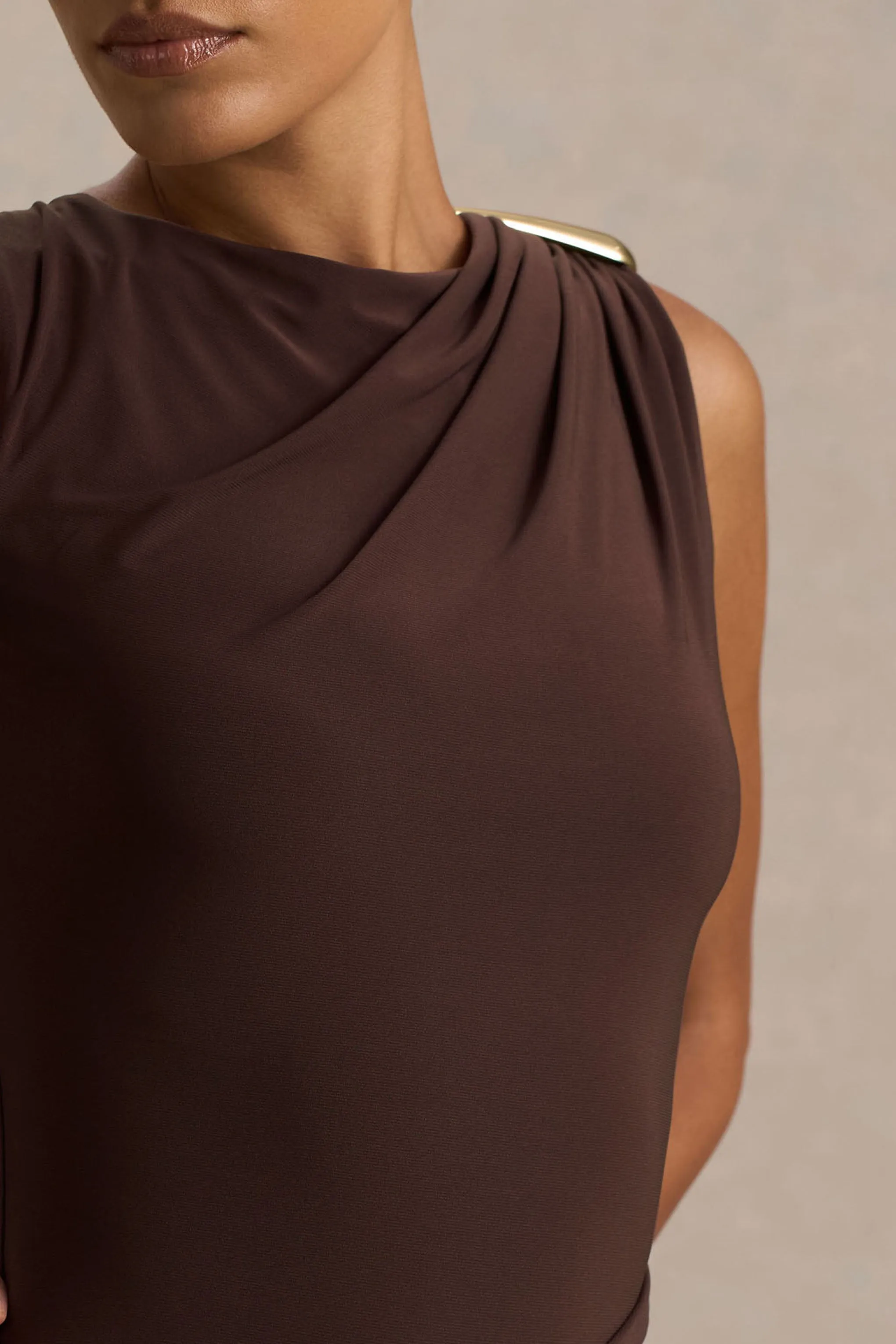 Fiora | Brown Wide-Neck Maxi Dress With Gathered Detail sold by Club L London product image thumbnail 3