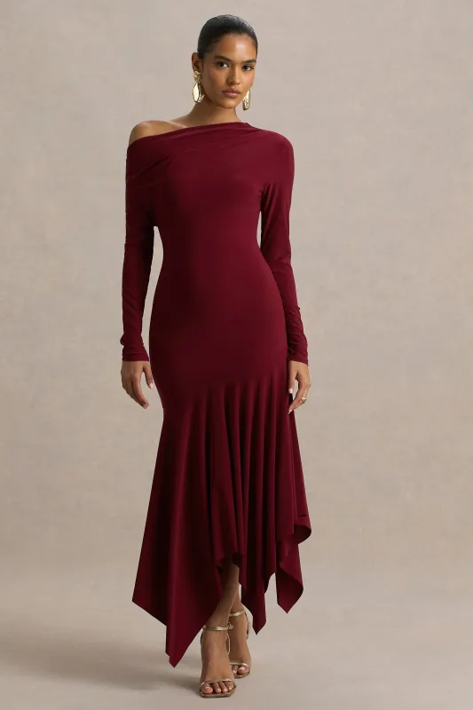 Isola | Burgundy Asymmetric-Neck Midi Dress With Hanky-Hem sold by Club L London