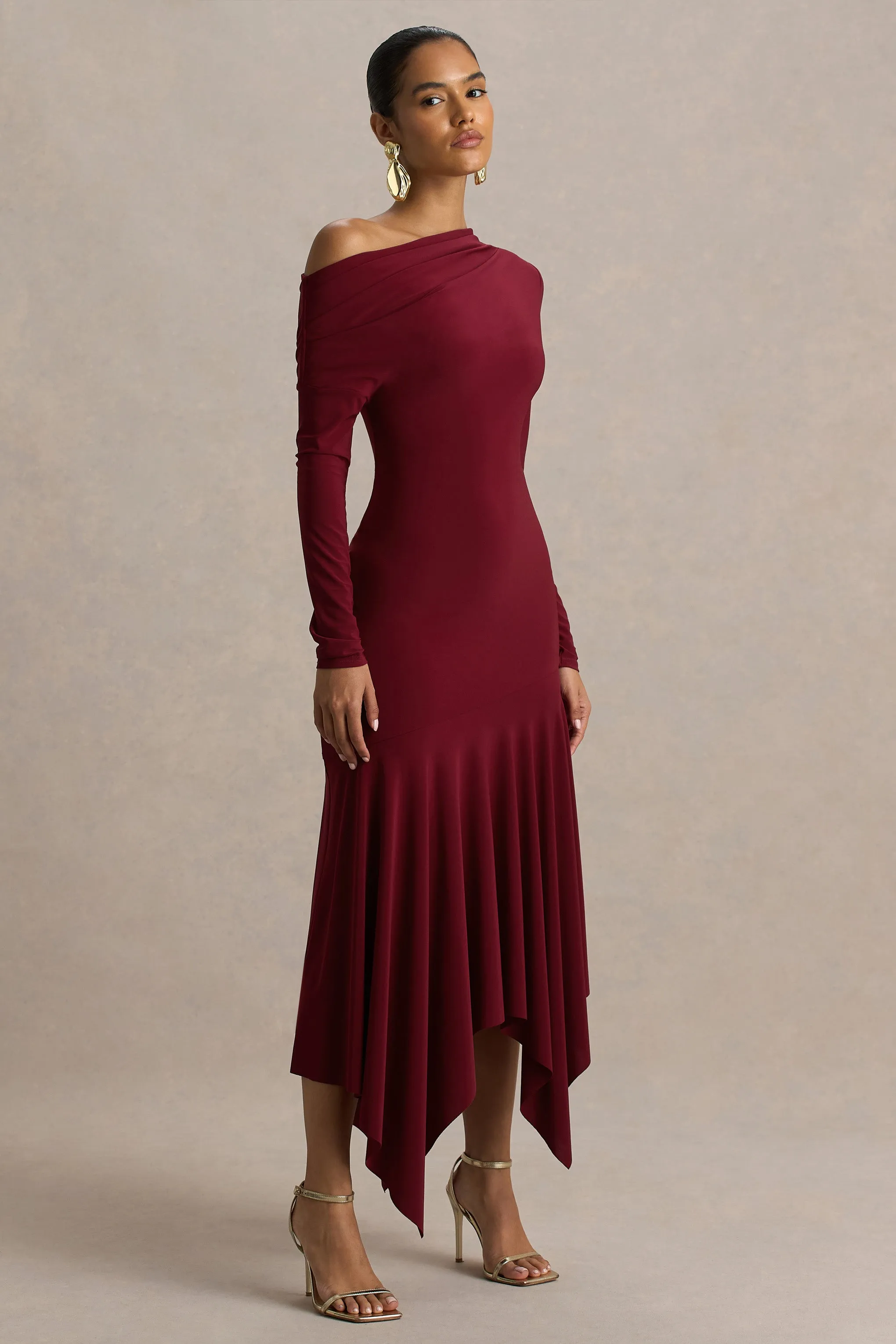 Isola | Burgundy Asymmetric-Neck Midi Dress With Hanky-Hem sold by Club L London product image thumbnail 5