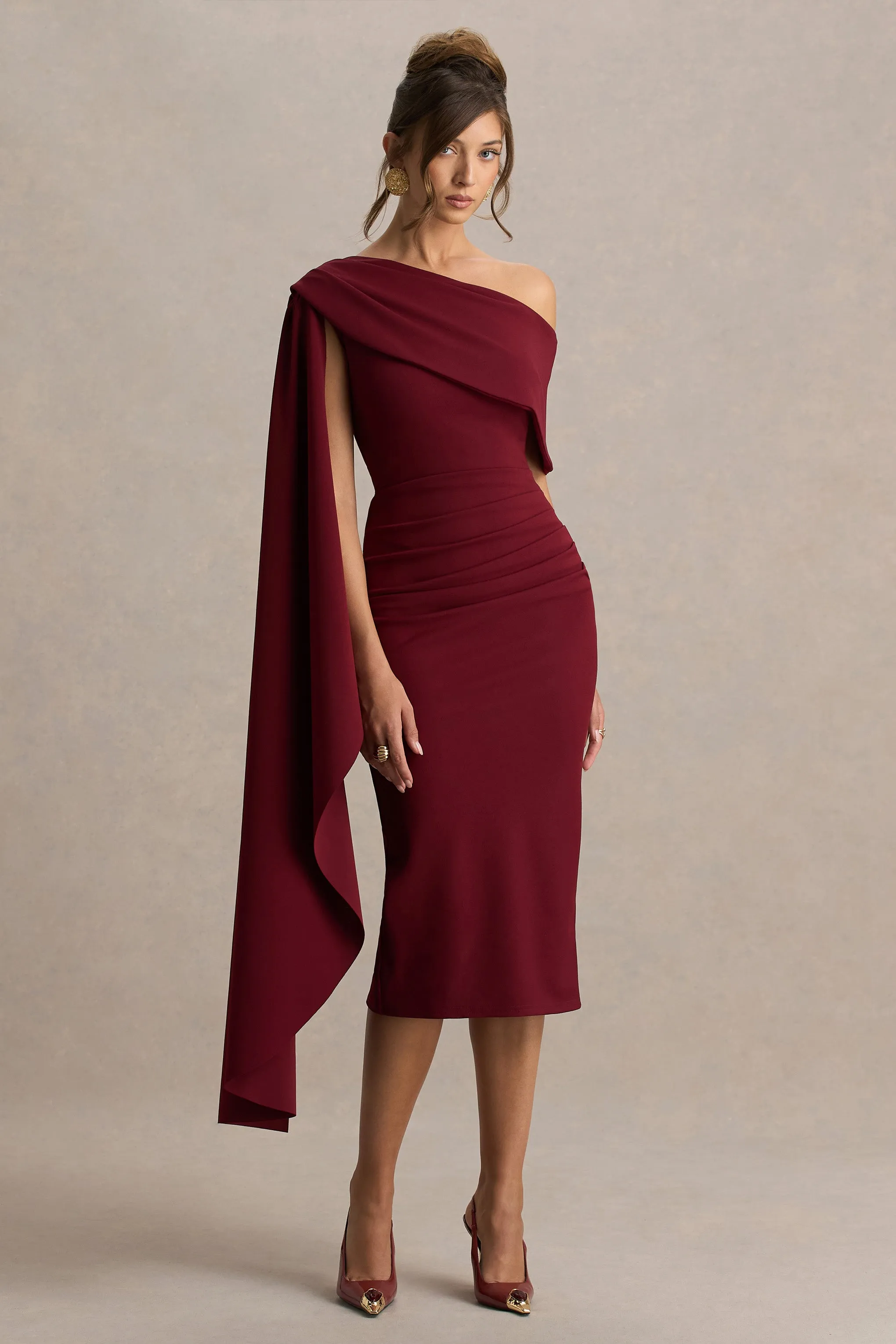 Leah | Burgundy Asymmetric-Neck Midi Dress With Cape-Sleeve sold by Club L London