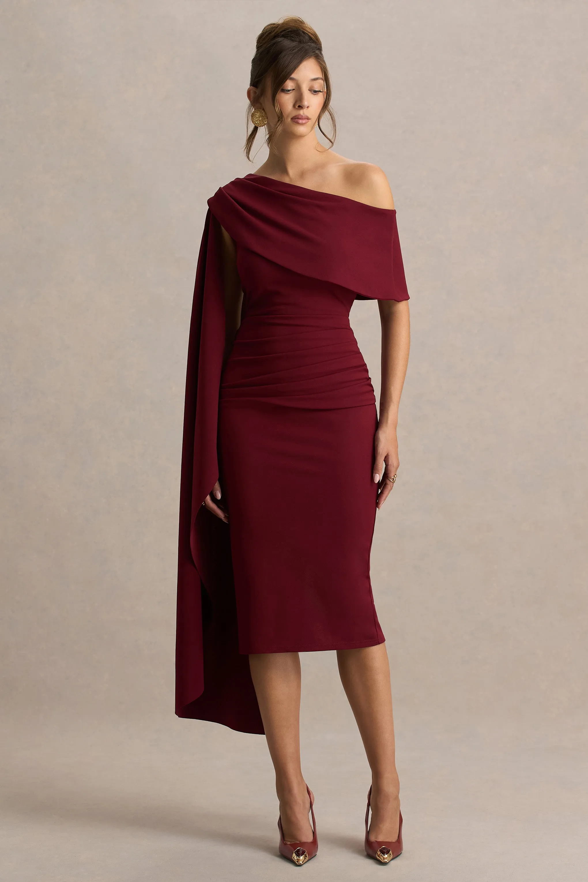 Leah | Burgundy Asymmetric-Neck Midi Dress With Cape-Sleeve sold by Club L London product image thumbnail 5