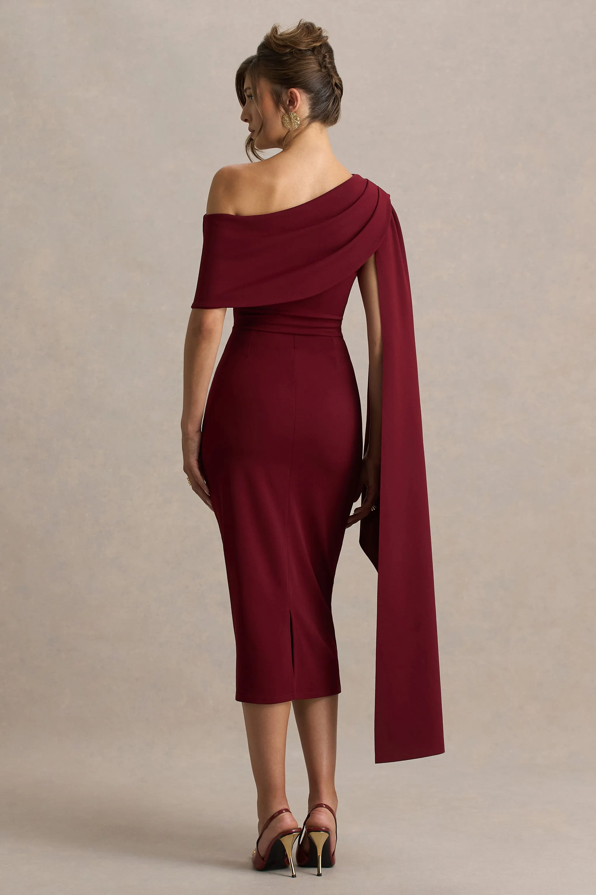 Leah | Burgundy Asymmetric-Neck Midi Dress With Cape-Sleeve sold by Club L London product image thumbnail 2