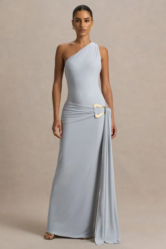 Bonnie | Blue Asymmetric-Neck Maxi Dress With Open-Back sold by Club L London