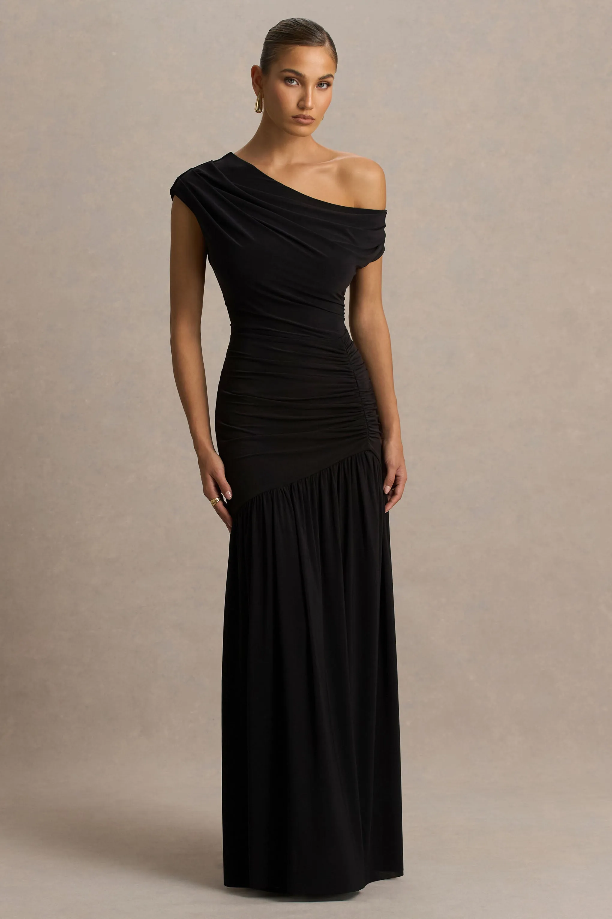 Kady | Black Asymmetric-Neck Maxi Dress With Ruched Detailing sold by Club L London product image thumbnail 4