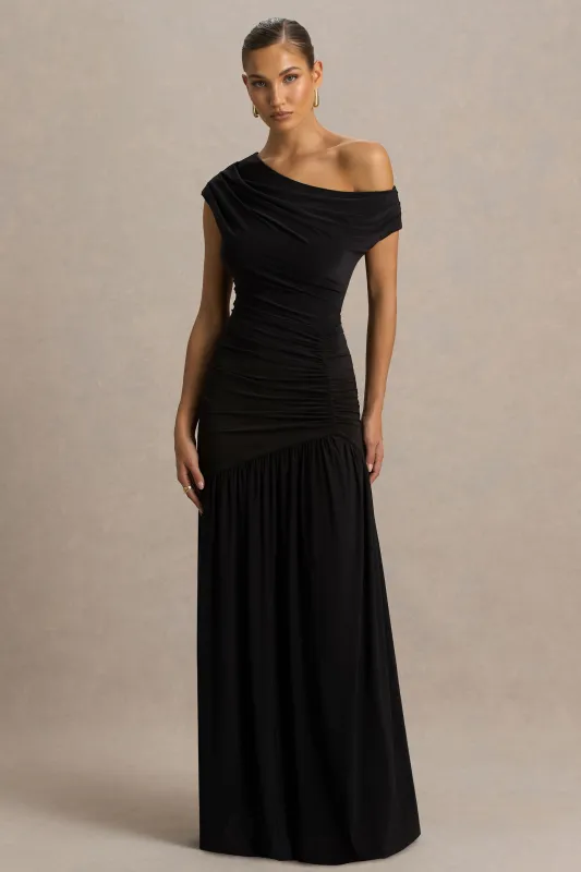 Kady | Black Asymmetric-Neck Maxi Dress With Ruched Detailing sold by Club L London