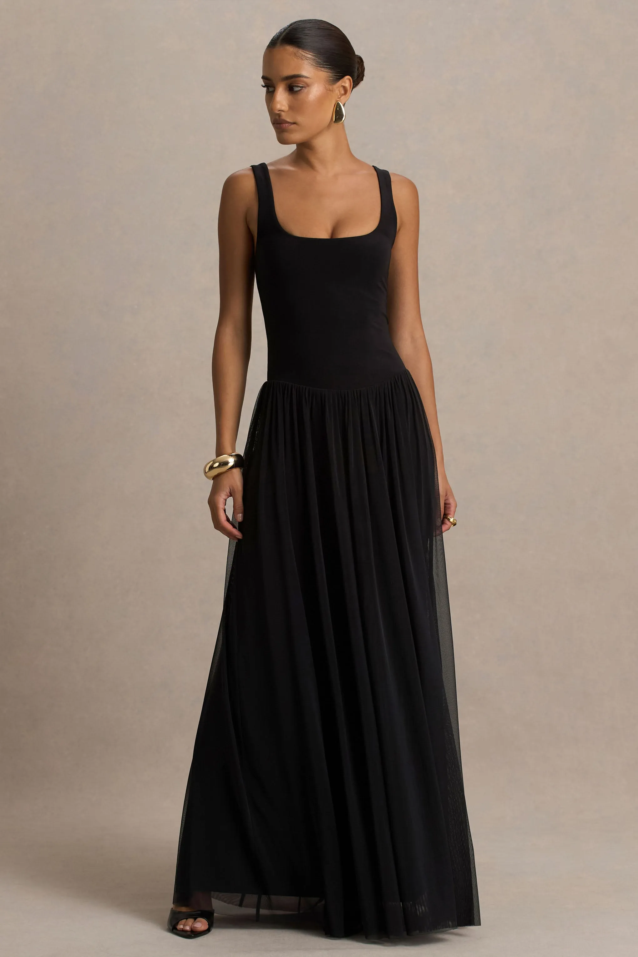 Amelia | Black Scoop-Neck Maxi Dress With Pleated Skirt sold by Club L London