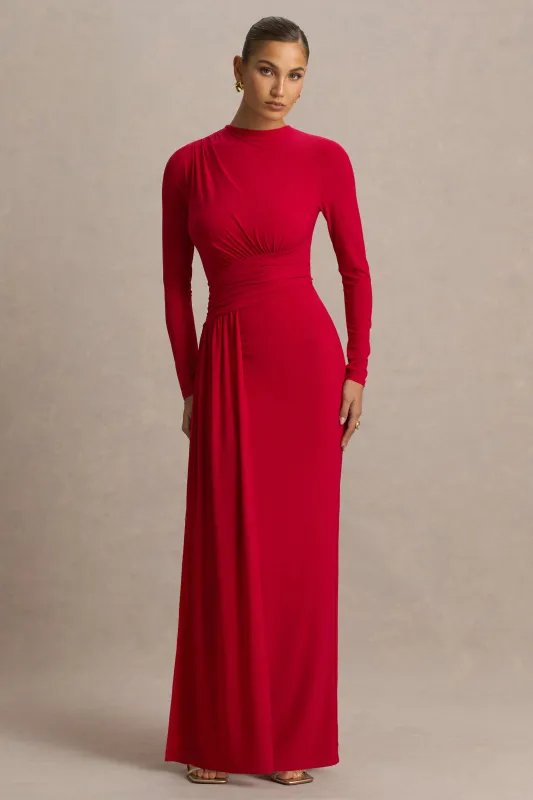 Virelle | Red Boat-Neck Maxi Dress With Wrap Detail And Sash sold by Club L London
