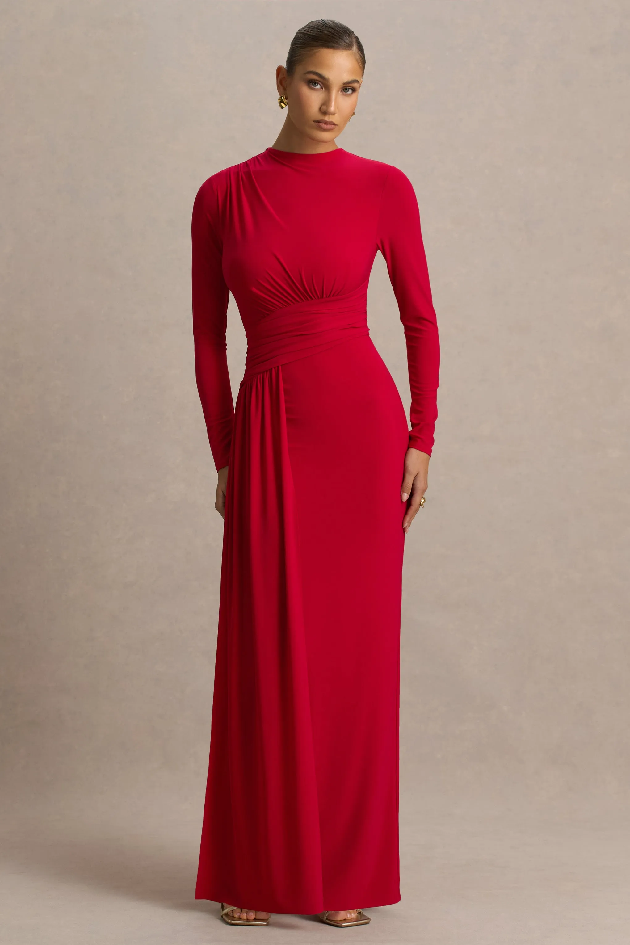 Virelle | Red Boat-Neck Maxi Dress With Wrap Detail And Sash sold by Club L London