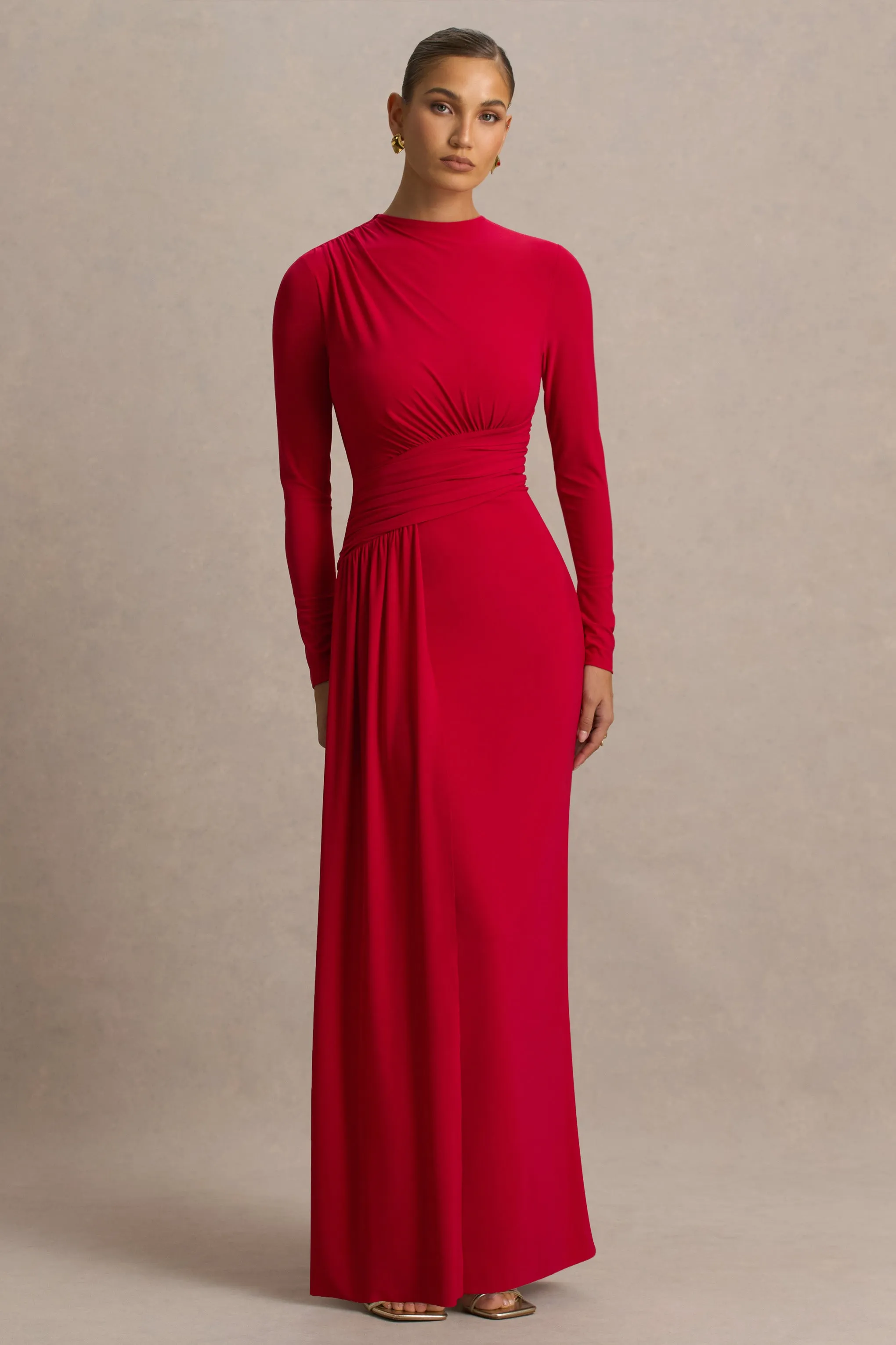 Virelle | Red Boat-Neck Maxi Dress With Wrap Detail And Sash sold by Club L London product image thumbnail 5