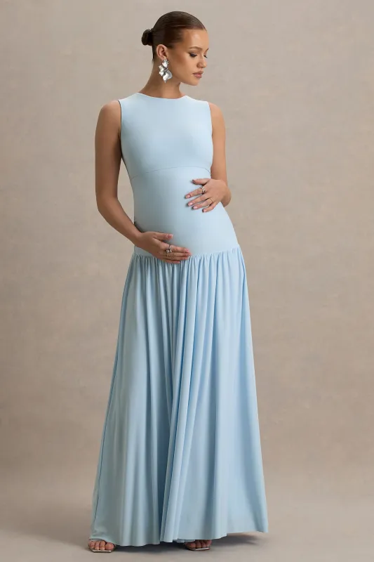 Outline | Powder Blue Crew-Neck Maternity Maxi Dress With Pleated Skirt sold by Club L London