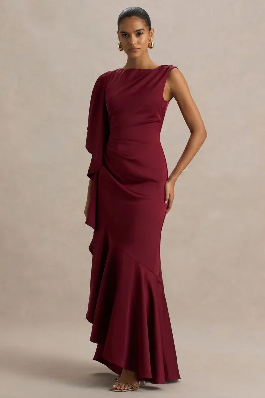 Rosy | Burgundy Satin Boat-Neck Maxi Dress With Front Split And Ruffled Detailing sold by Club L London