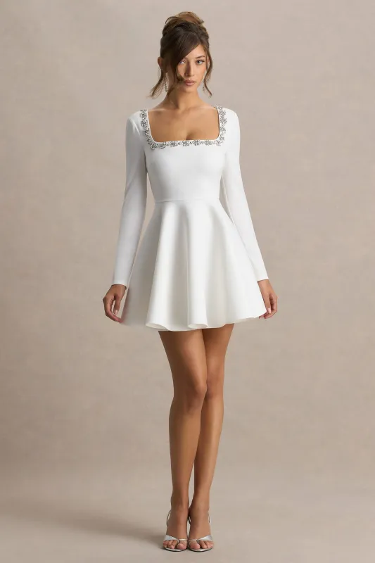 Astonish | White Long-Sleeve Embellished Square-Neck Mini Dress With Volume Skirt sold by Club L London