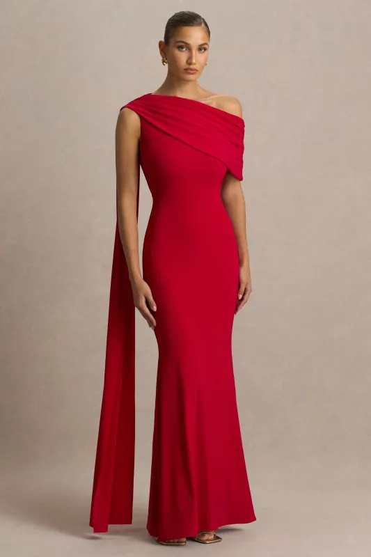 Zendaya | Red Asymmetric-Neck Fishtail Maxi Dress With Sash sold by Club L London