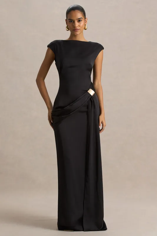 Influence | Black Satin Slashed-Neck Maxi Dress With Embellished Detail And Sash sold by Club L London