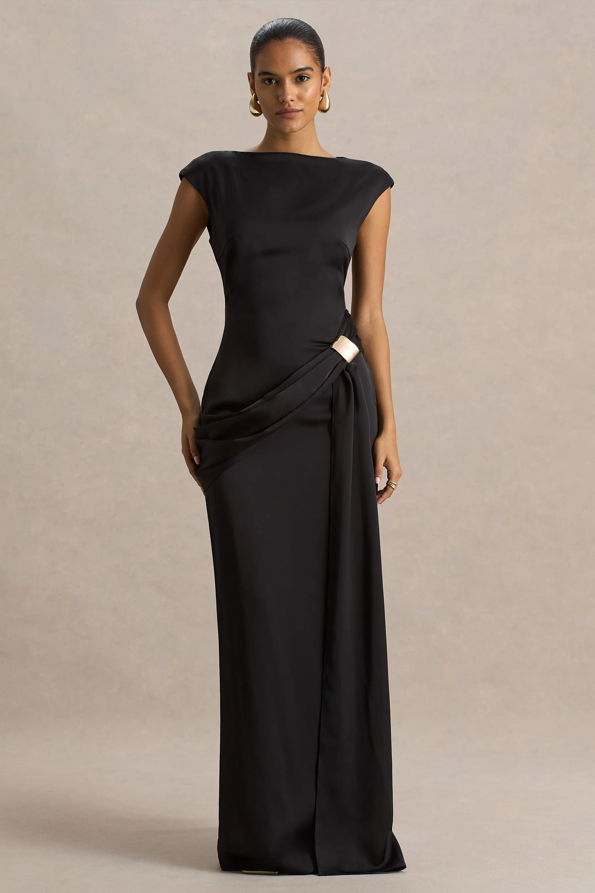 Influence | Black Satin Slashed-Neck Maxi Dress With Embellished Detail And Sash sold by Club L London