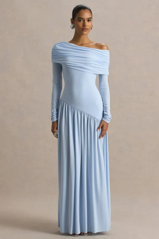 Farah | Powder Blue Asymmetric-Neck Maxi Dress With Drop Waist And Ruched Detailing sold by Club L London