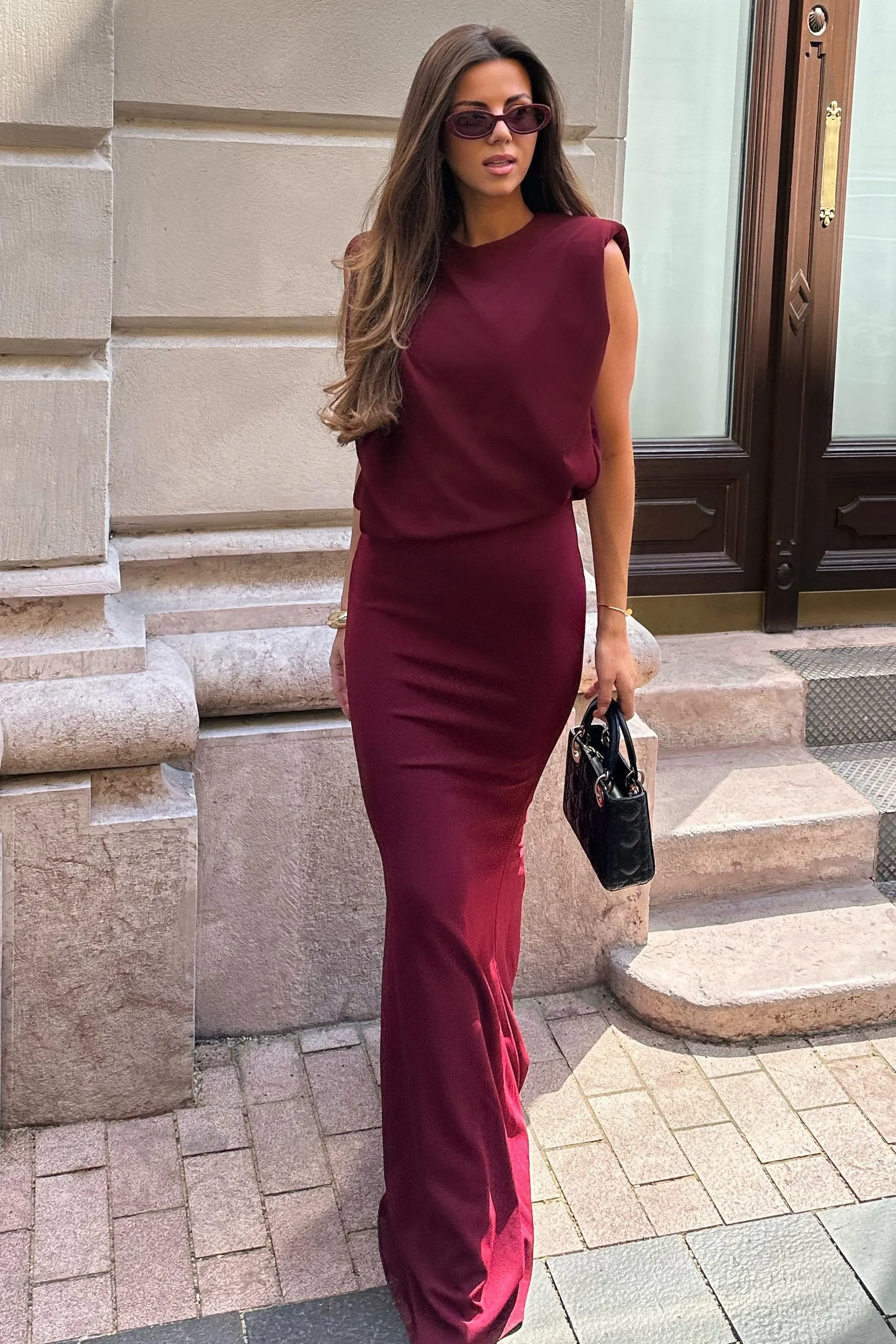 Meave | Burgundy Boat-Neck Maxi Dress With Draped Detail sold by Club L London