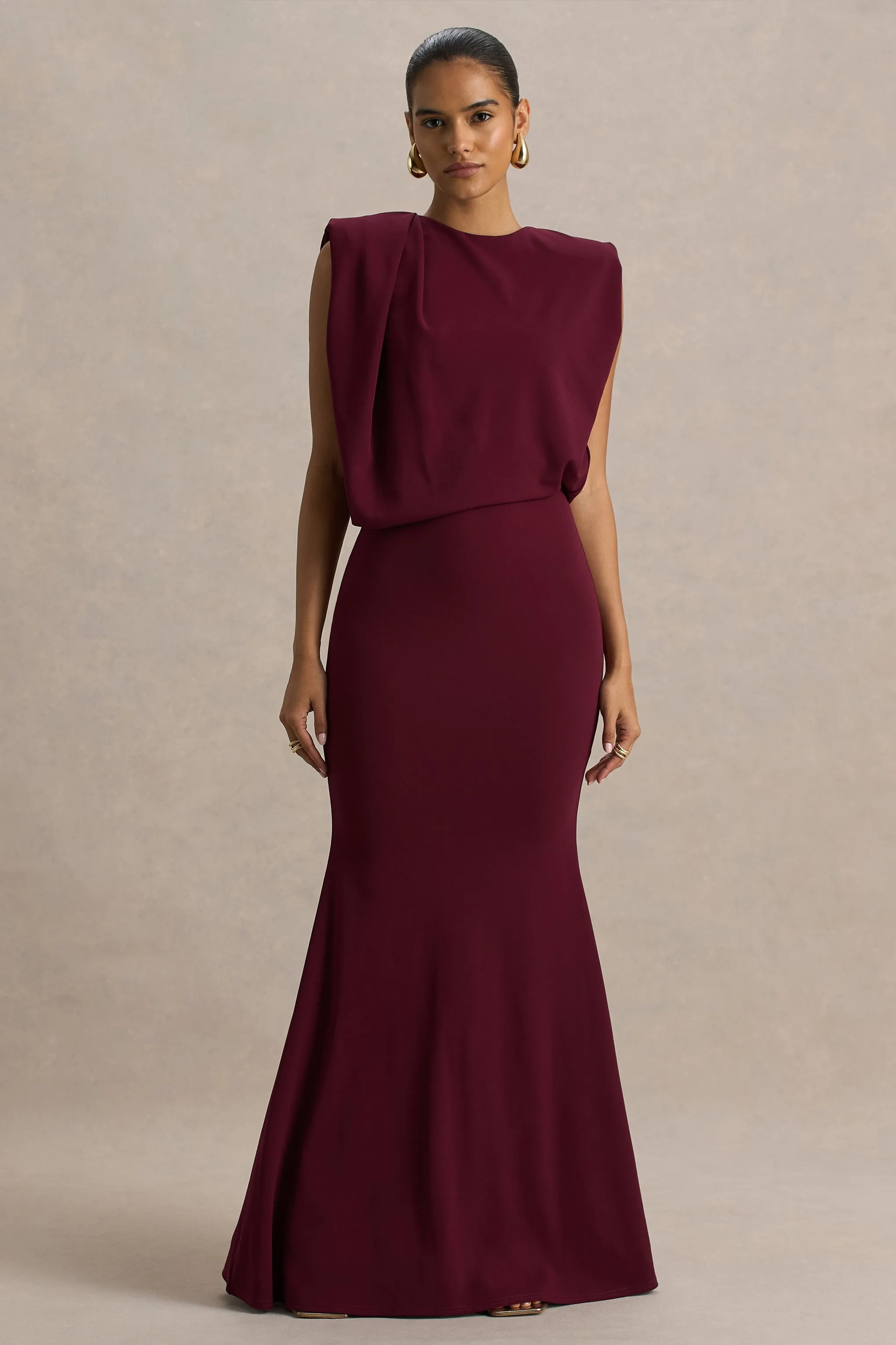 Meave | Burgundy Boat-Neck Maxi Dress With Draped Detail sold by Club L London product image thumbnail 5