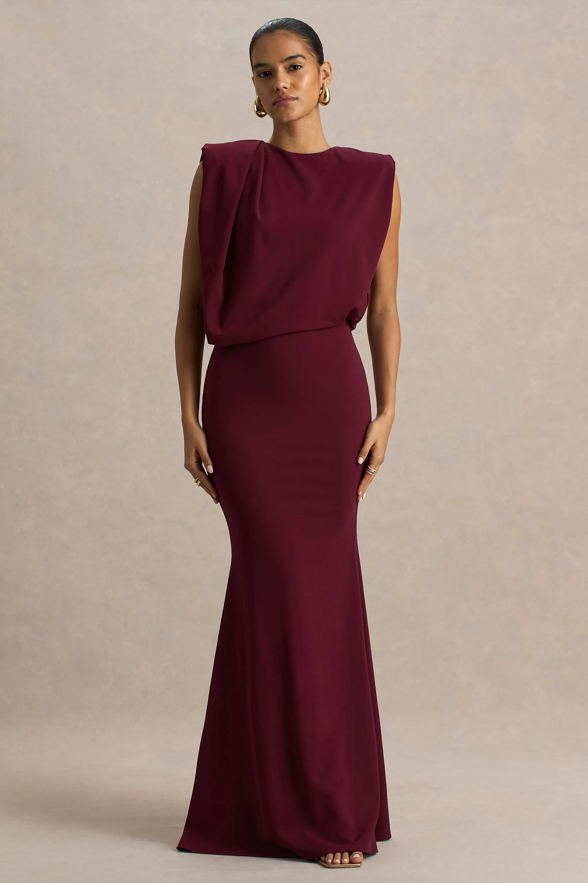 Meave | Burgundy Boat-Neck Maxi Dress With Draped Detail sold by Club L London product image thumbnail 2