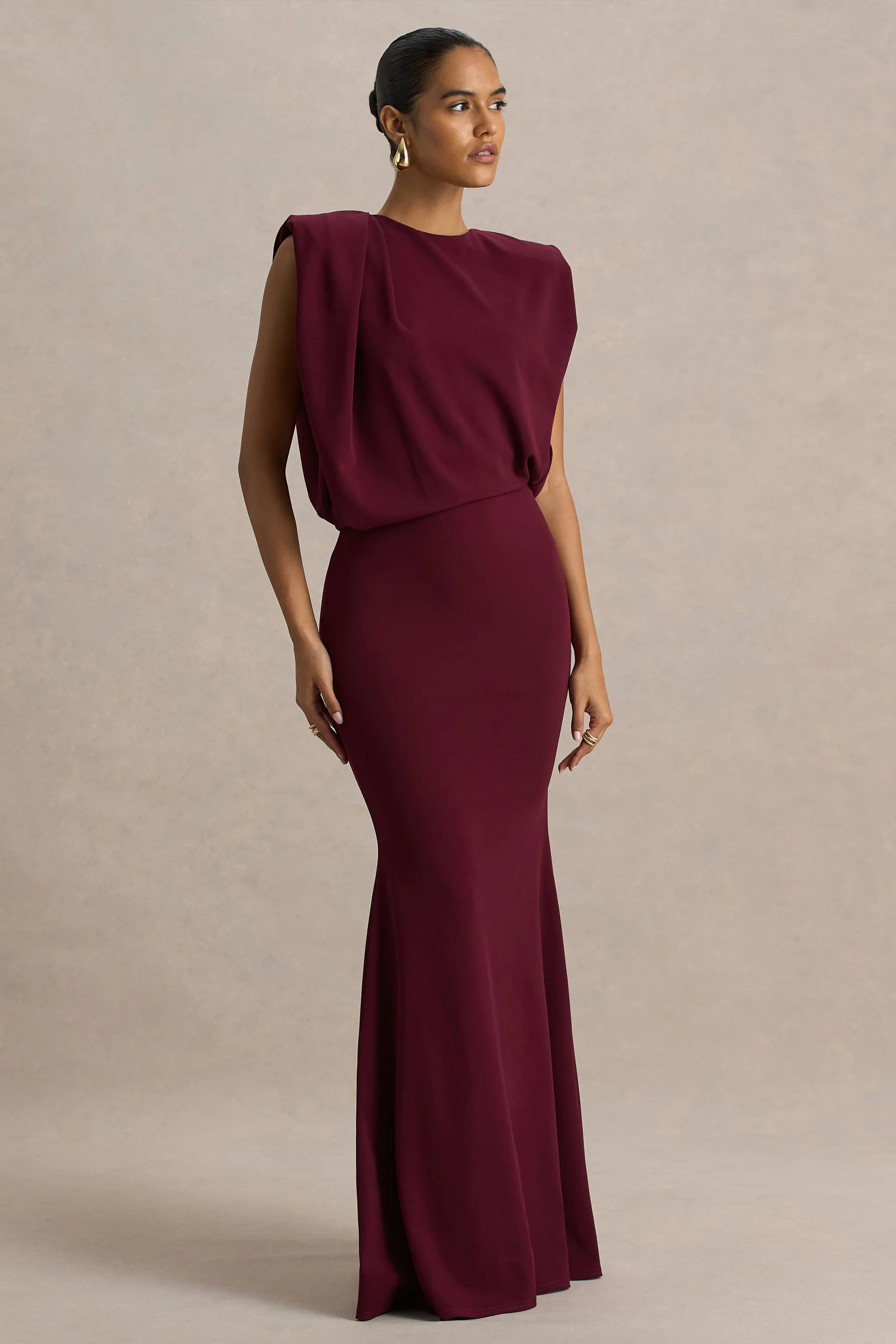 Meave | Burgundy Boat-Neck Maxi Dress With Draped Detail sold by Club L London product image thumbnail 4