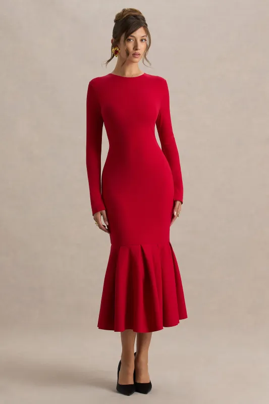 Liberty | Red High Neck Mermaid Midi Dress With Ruffling Detail sold by Club L London
