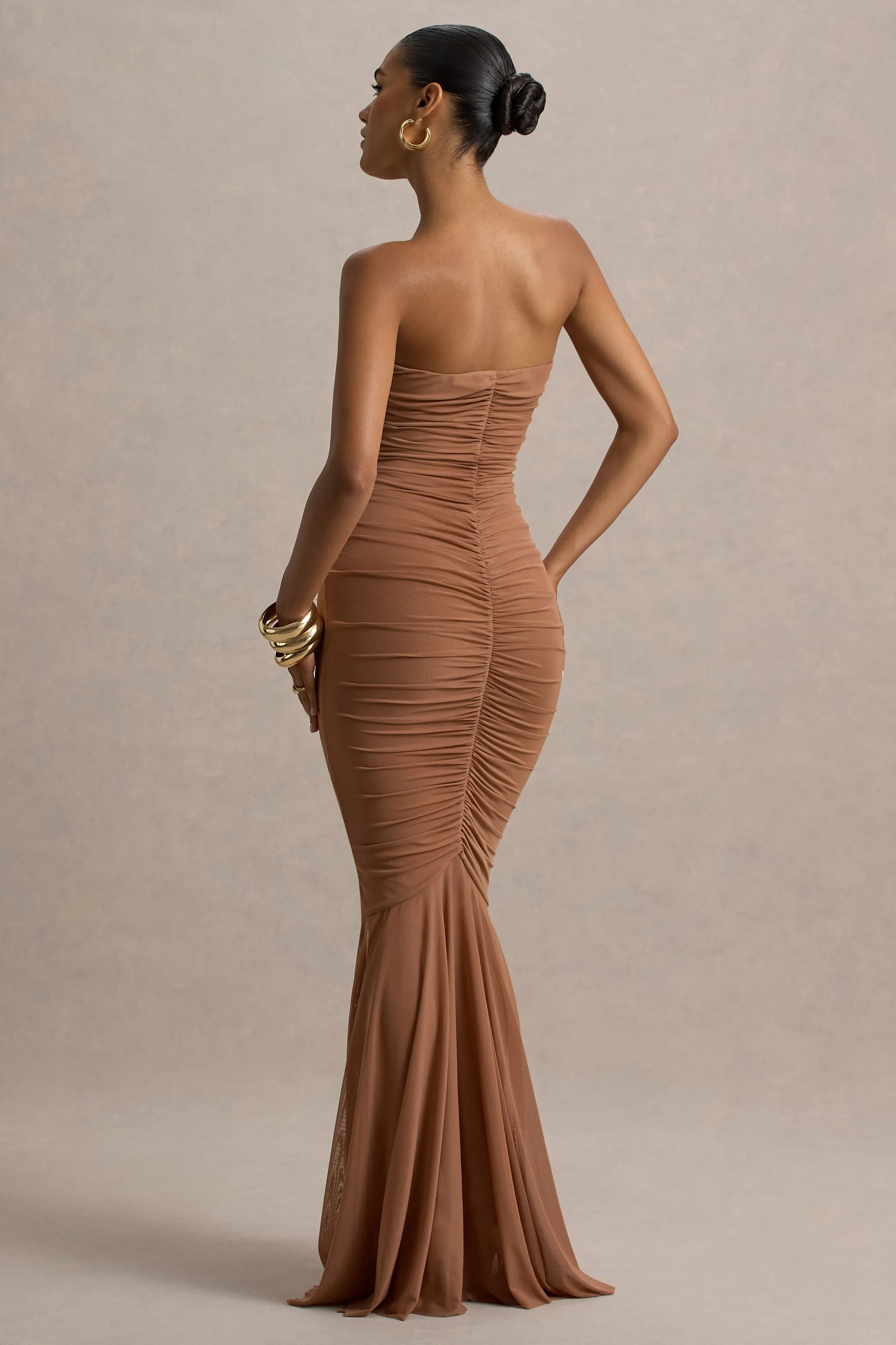 Talisa | Mocha Bandeau Ruched Maxi Dress With Mesh Fishtail sold by Club L London product image thumbnail 2