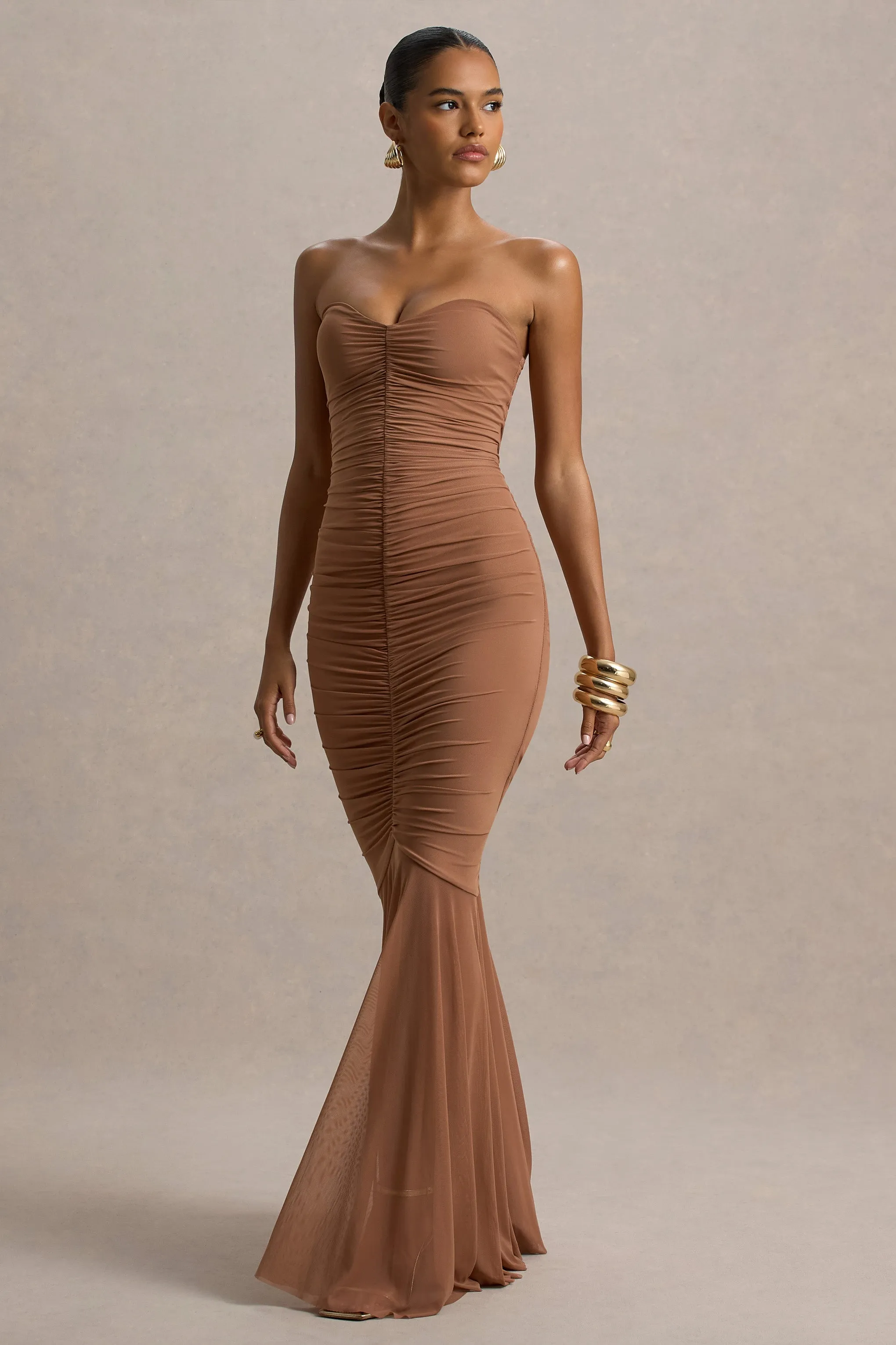 Talisa | Mocha Bandeau Ruched Maxi Dress With Mesh Fishtail sold by Club L London product image thumbnail 3