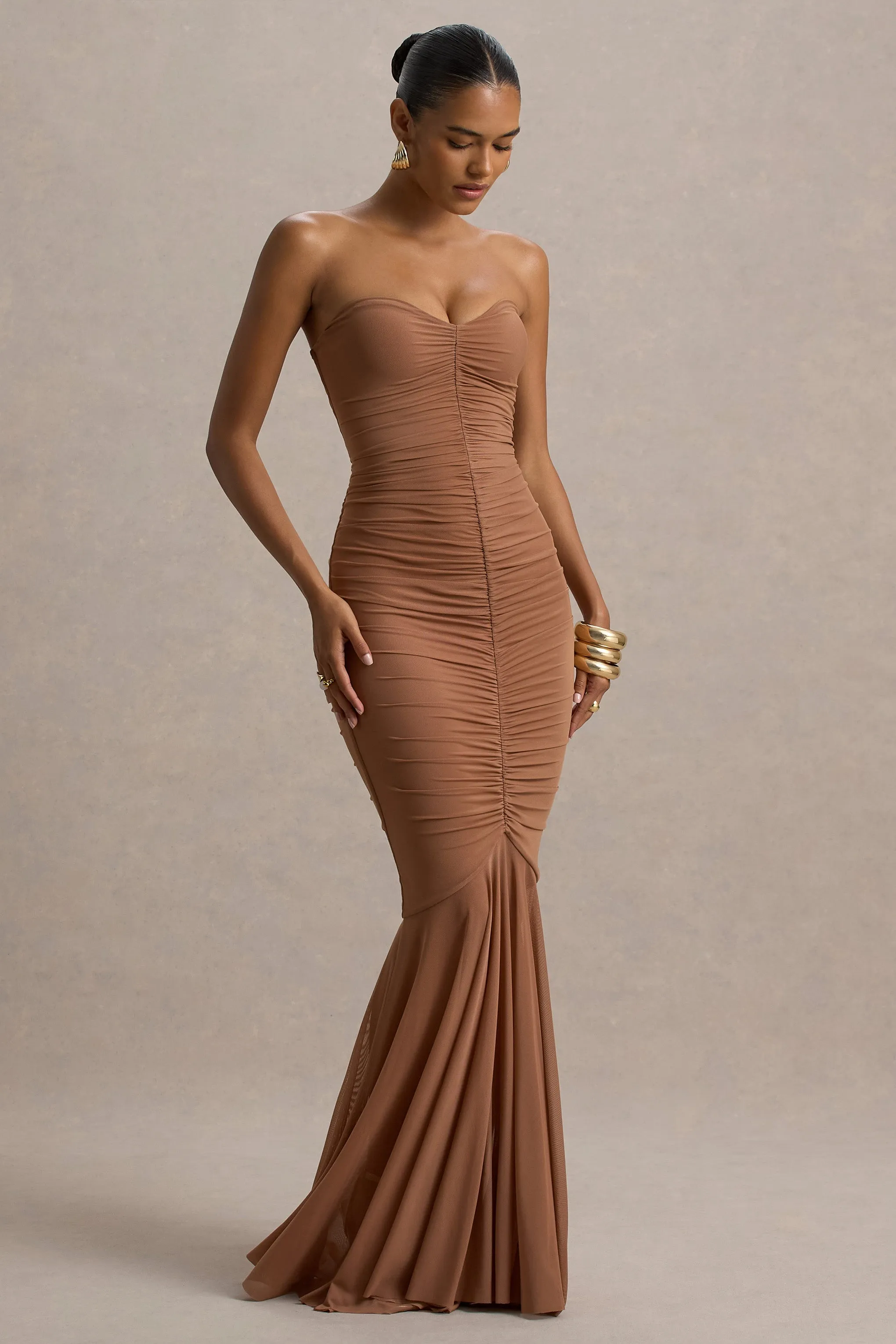Talisa | Mocha Bandeau Ruched Maxi Dress With Mesh Fishtail sold by Club L London product image thumbnail 4