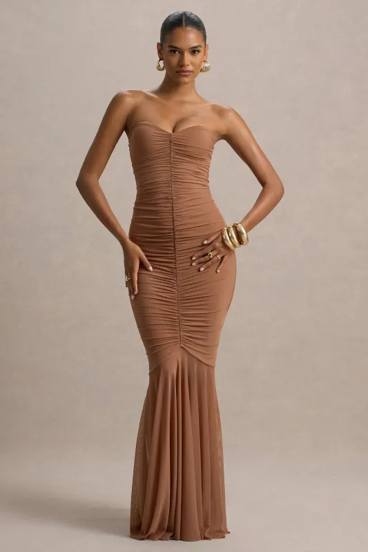 Talisa | Mocha Bandeau Ruched Maxi Dress With Mesh Fishtail sold by Club L London