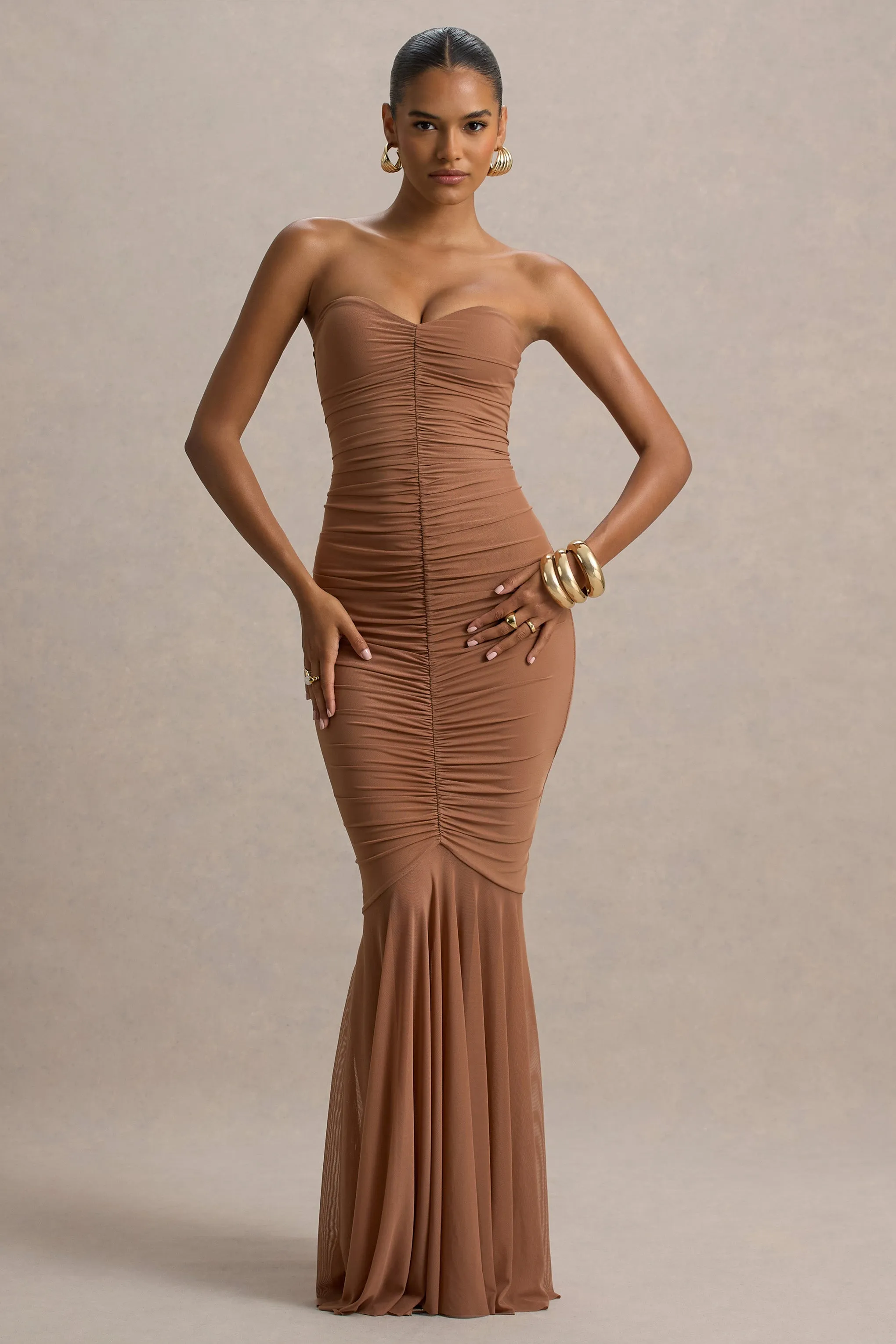 Talisa | Mocha Bandeau Ruched Maxi Dress With Mesh Fishtail sold by Club L London