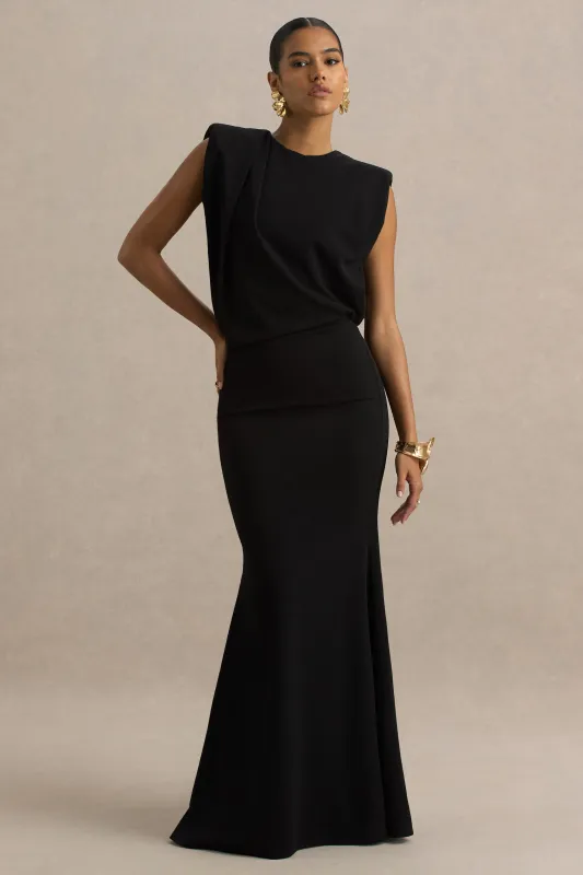 Meave | Black Boat-Neck Maxi Dress With Draped Detail sold by Club L London