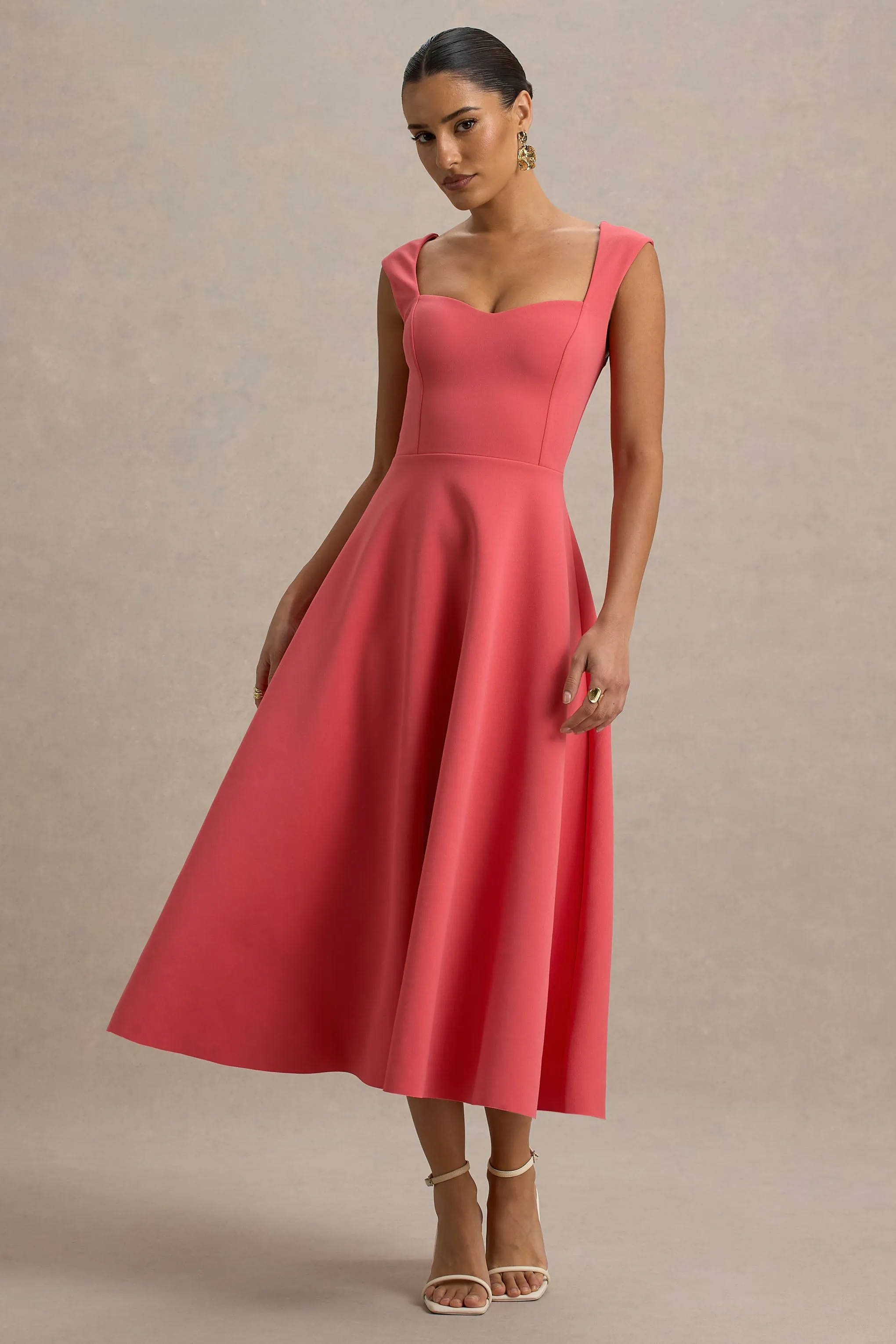 Andromeda | Coral Sweetheart-Neck Midi Dress sold by Club L London