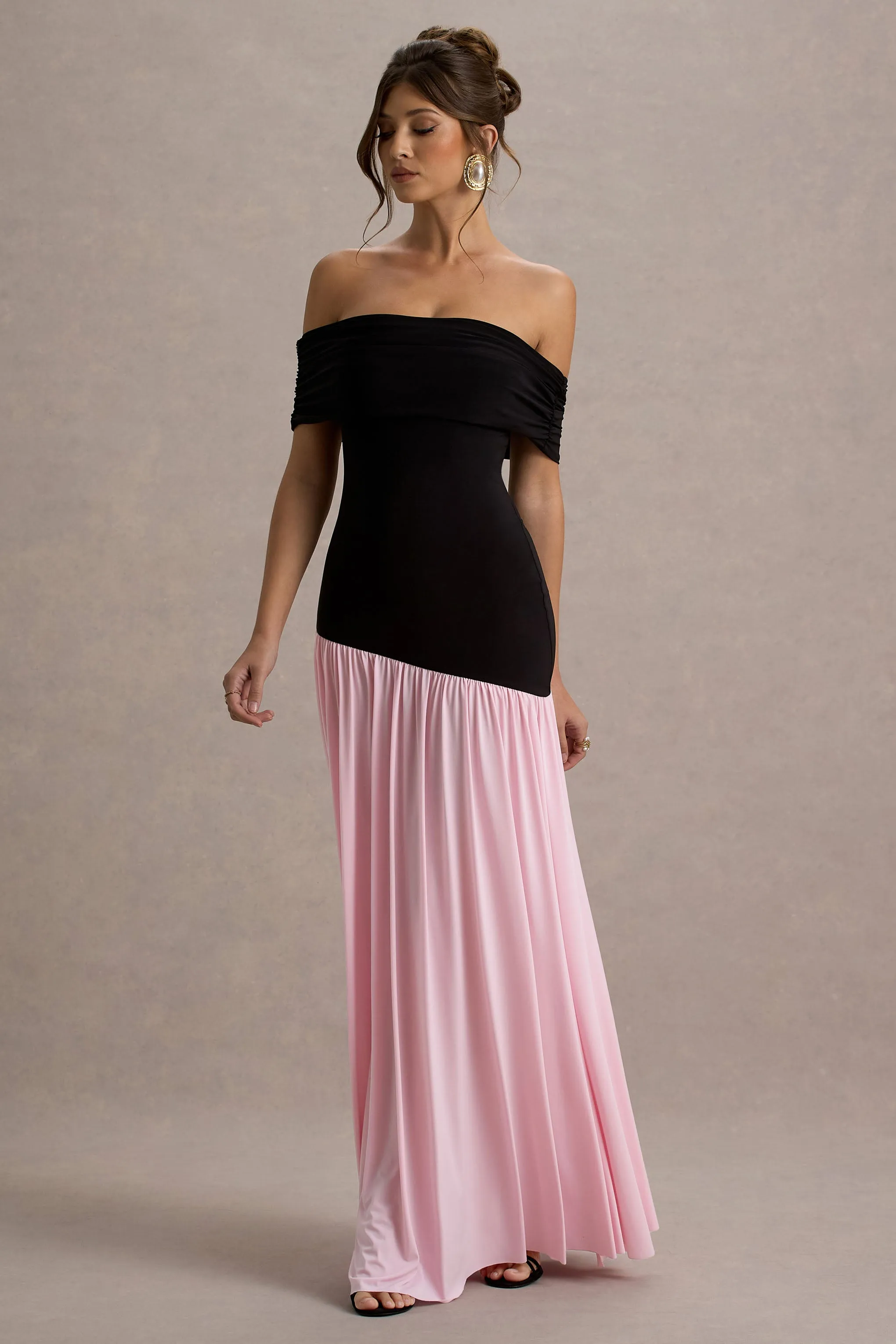 Venezia | Black & Pink Bardot Maxi Dress With Drop-Waist sold by Club L London product image thumbnail 4