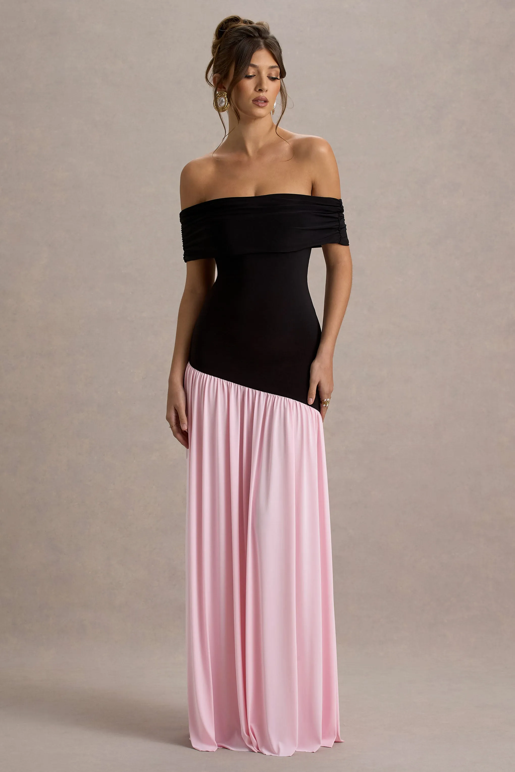 Venezia | Black & Pink Bardot Maxi Dress With Drop-Waist sold by Club L London product image thumbnail 5