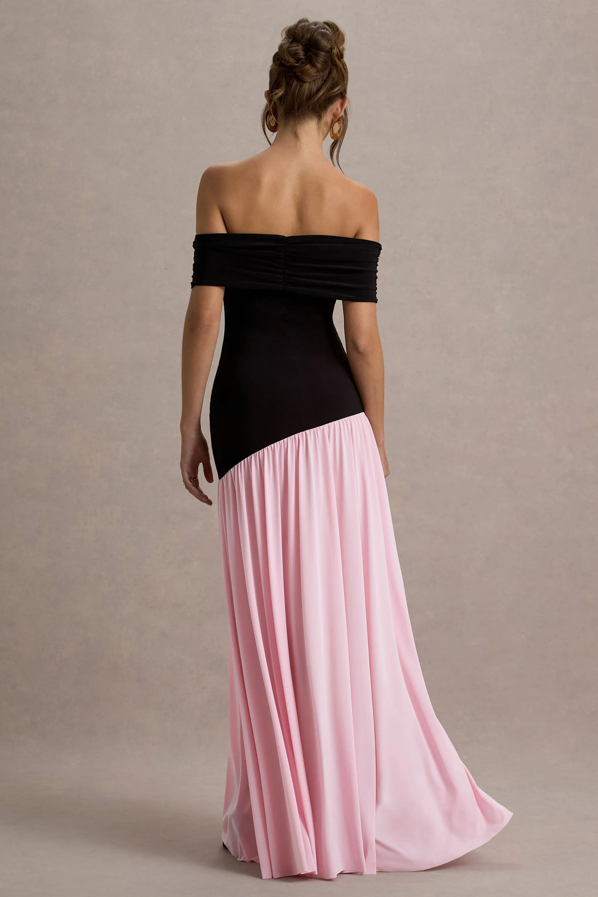 Venezia | Black & Pink Bardot Maxi Dress With Drop-Waist sold by Club L London product image thumbnail 2
