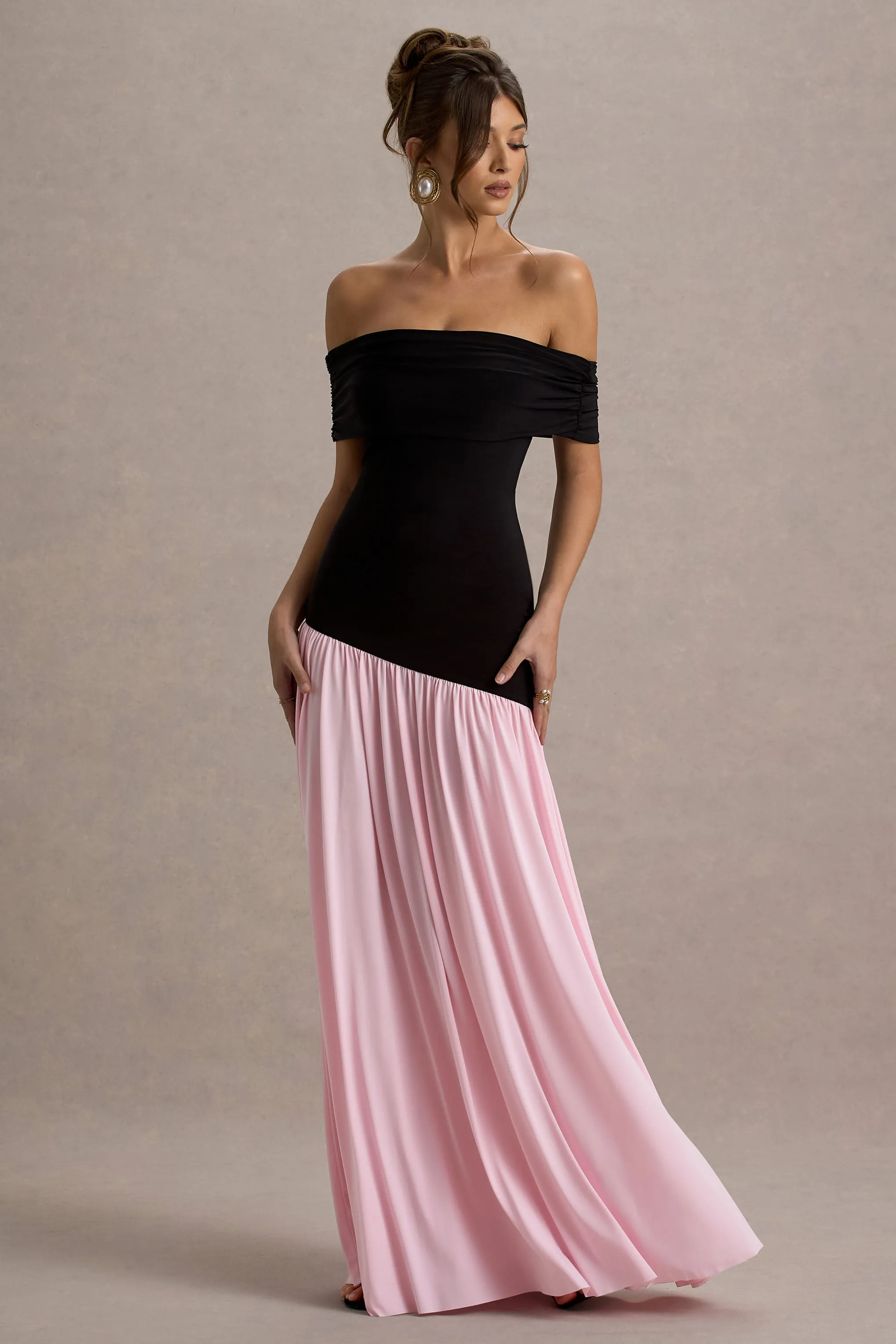 Venezia | Black & Pink Bardot Maxi Dress With Drop-Waist sold by Club L London