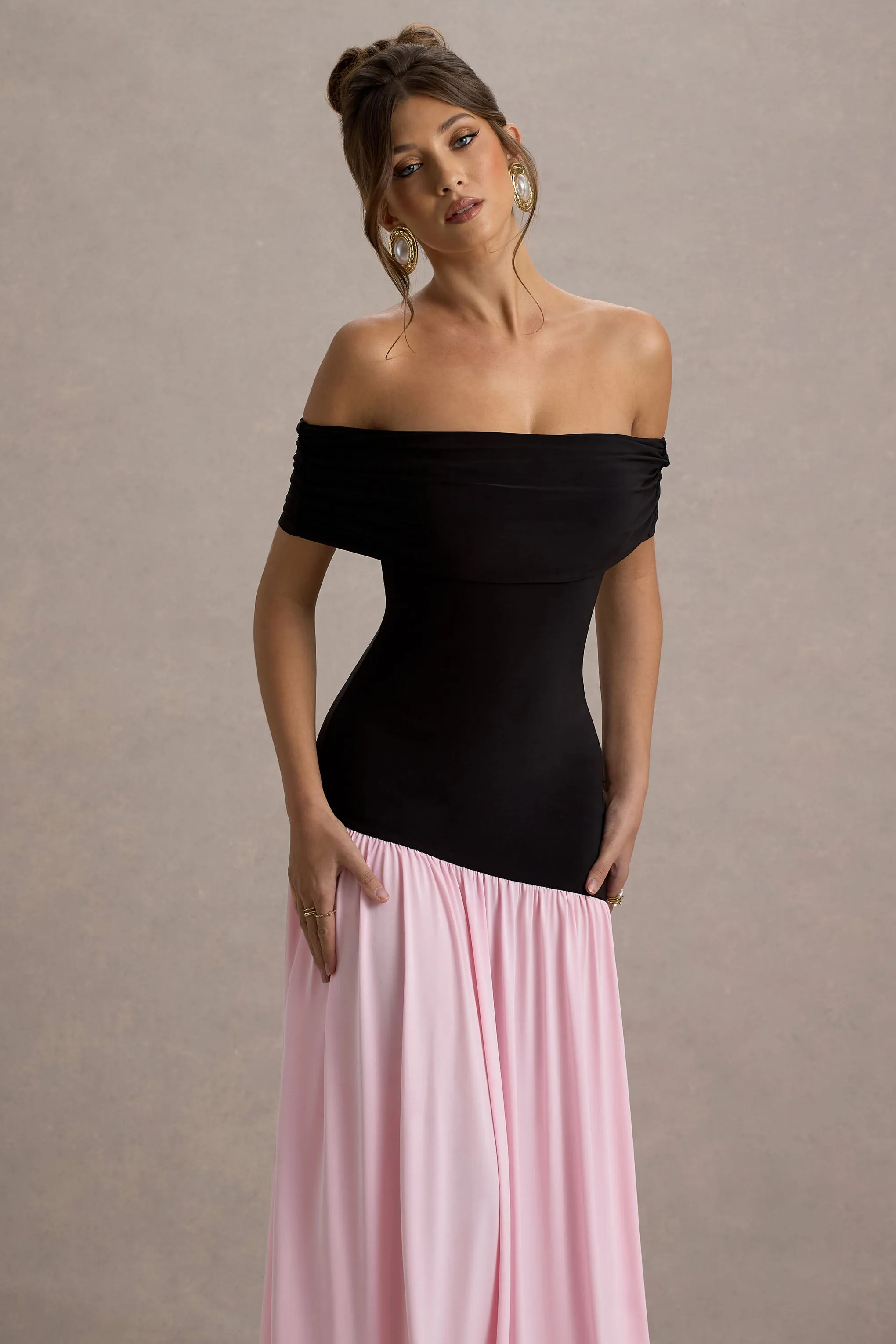 Venezia | Black & Pink Bardot Maxi Dress With Drop-Waist sold by Club L London product image thumbnail 3