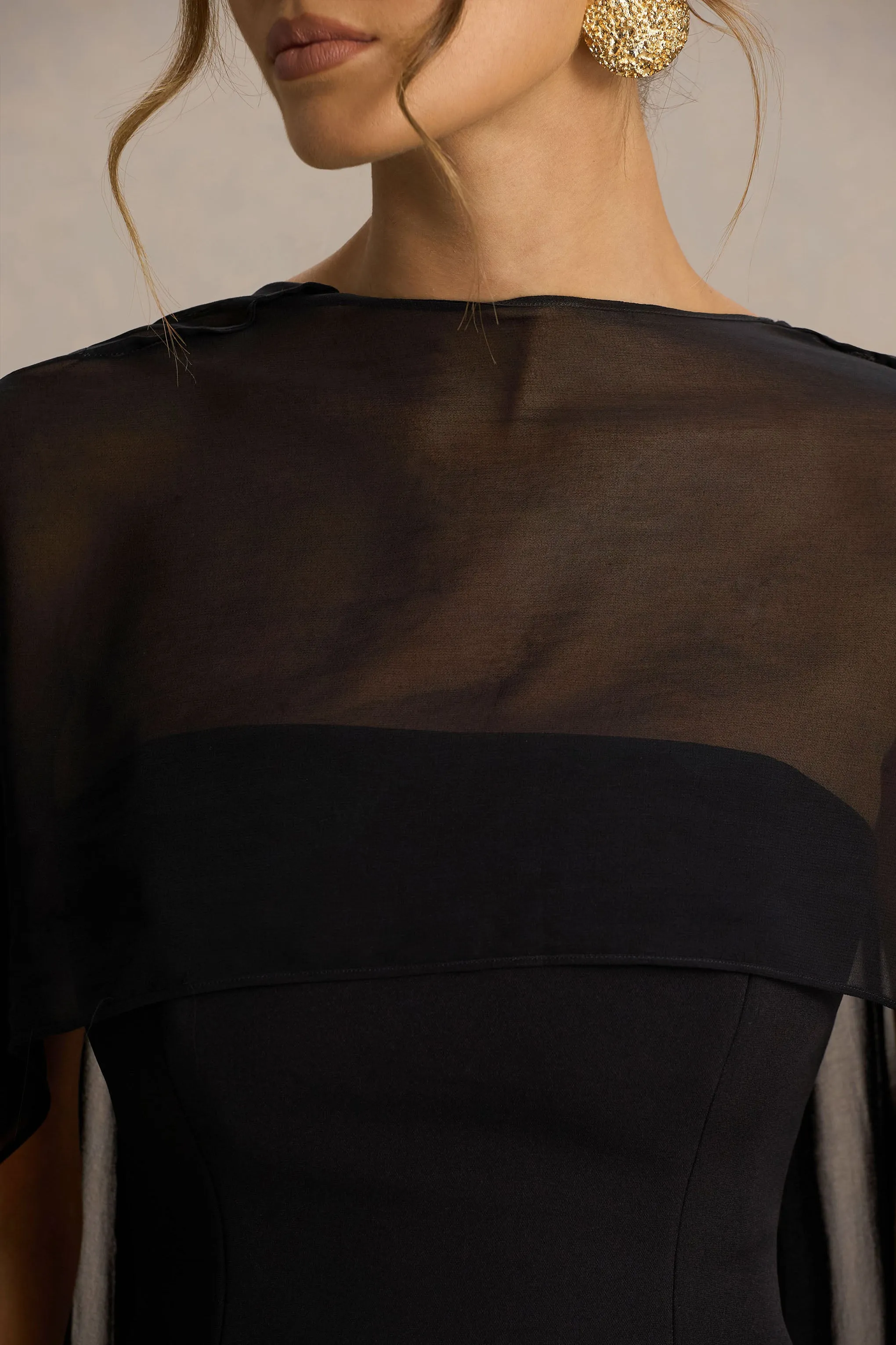 Chessa | Black Slashed-Neck Maxi Dress With Sheer Cape sold by Club L London product image thumbnail 3