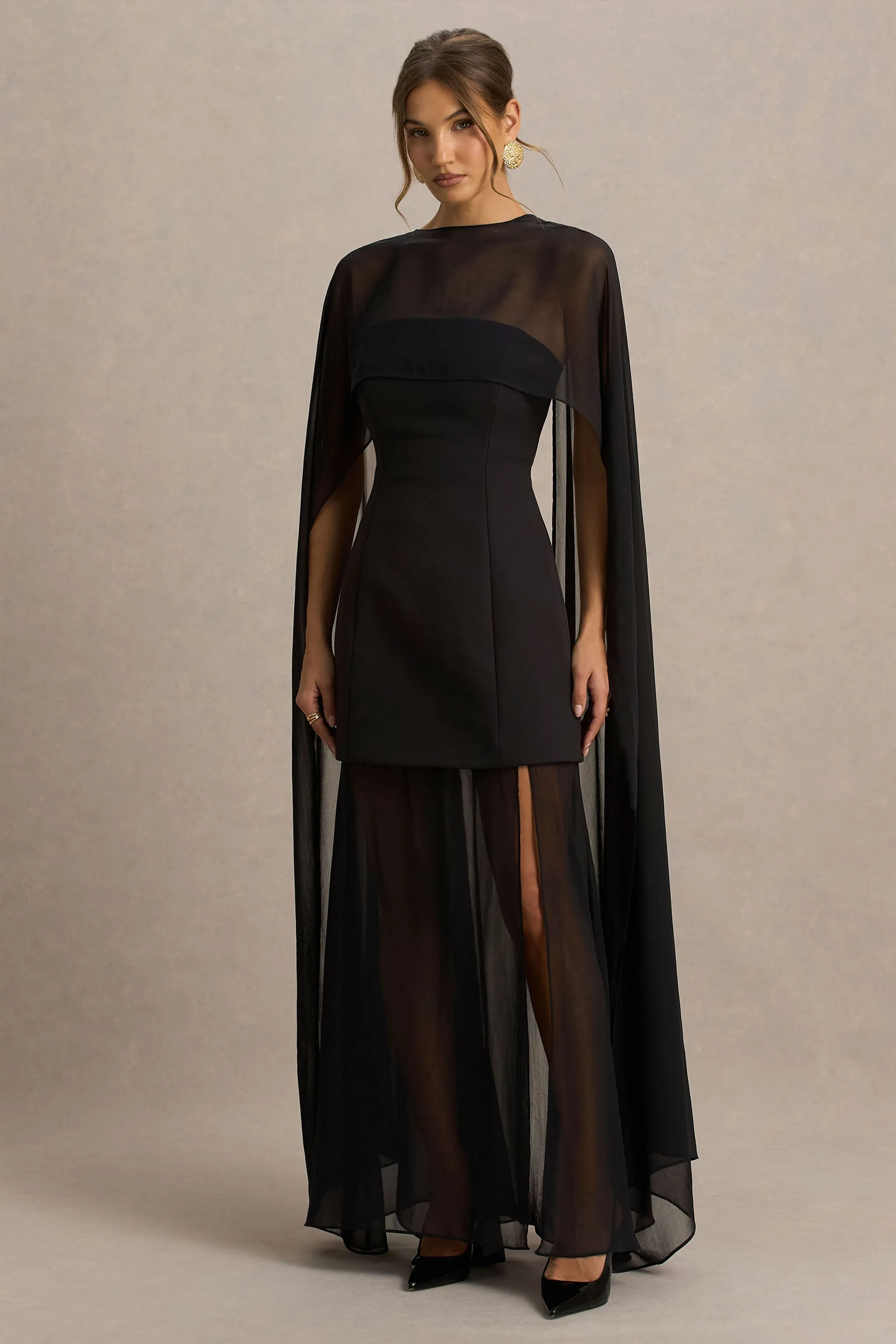 Chessa | Black Slashed-Neck Maxi Dress With Sheer Cape sold by Club L London
