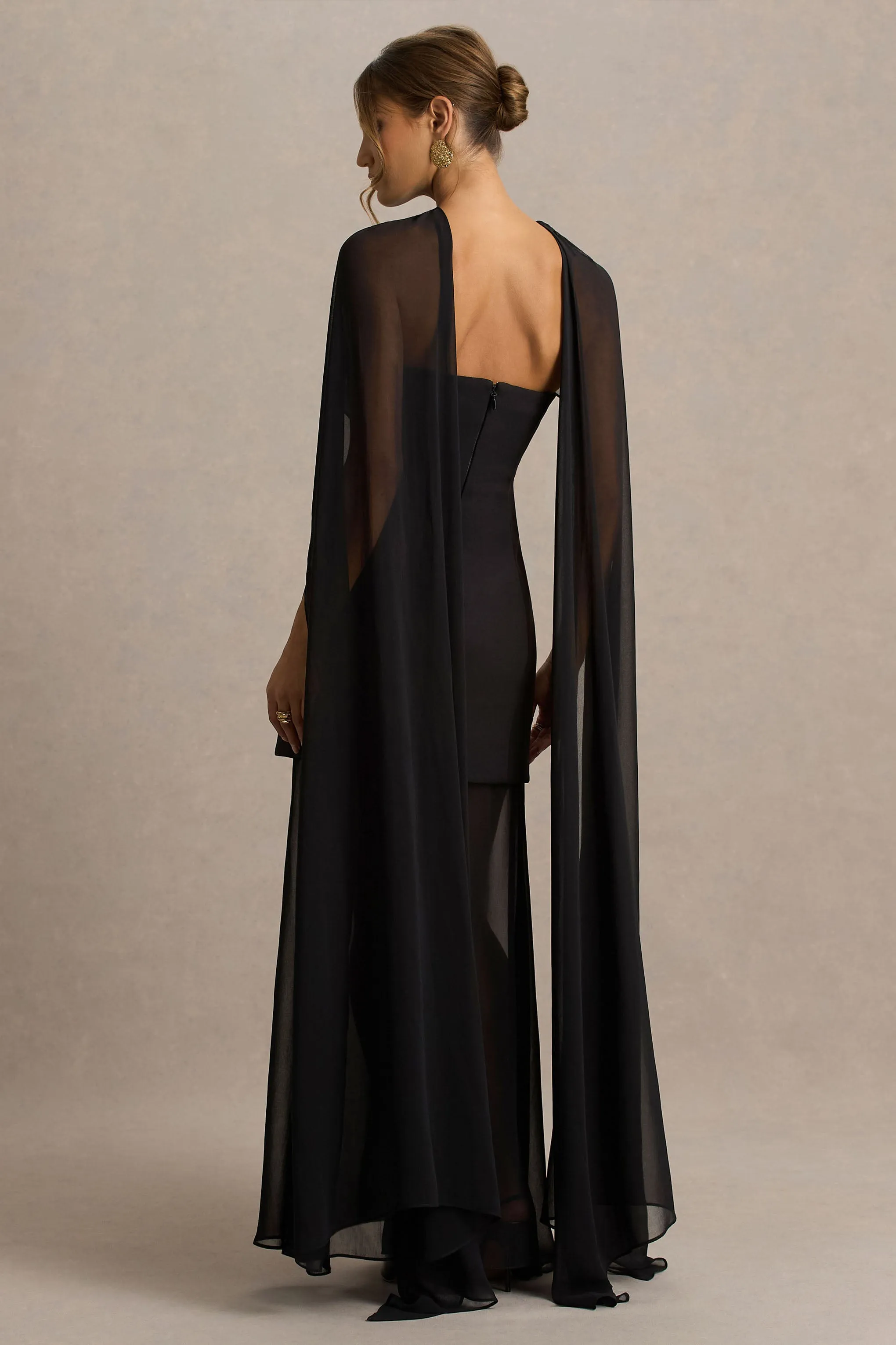 Chessa | Black Slashed-Neck Maxi Dress With Sheer Cape sold by Club L London product image thumbnail 2