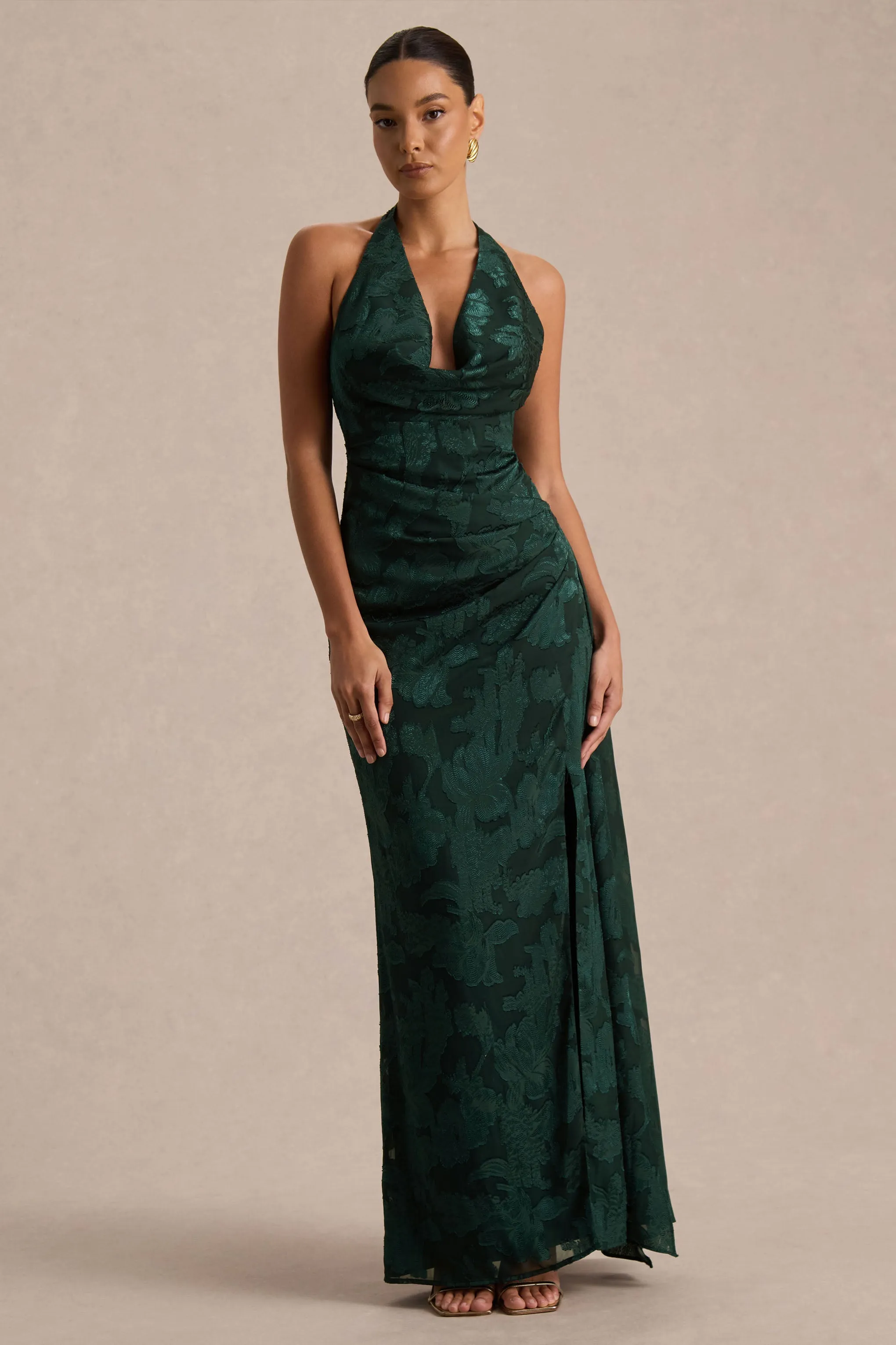 Talula | Dark Green Extreme Cowl-Neck Maxi Dress With Sash And Front-High Split sold by Club L London product image thumbnail 5