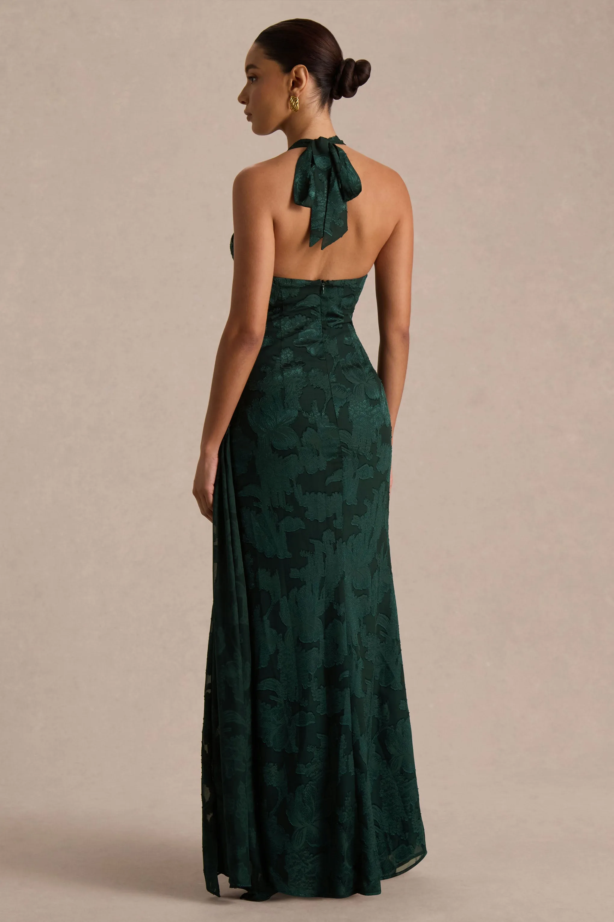 Talula | Dark Green Extreme Cowl-Neck Maxi Dress With Sash And Front-High Split sold by Club L London product image thumbnail 2