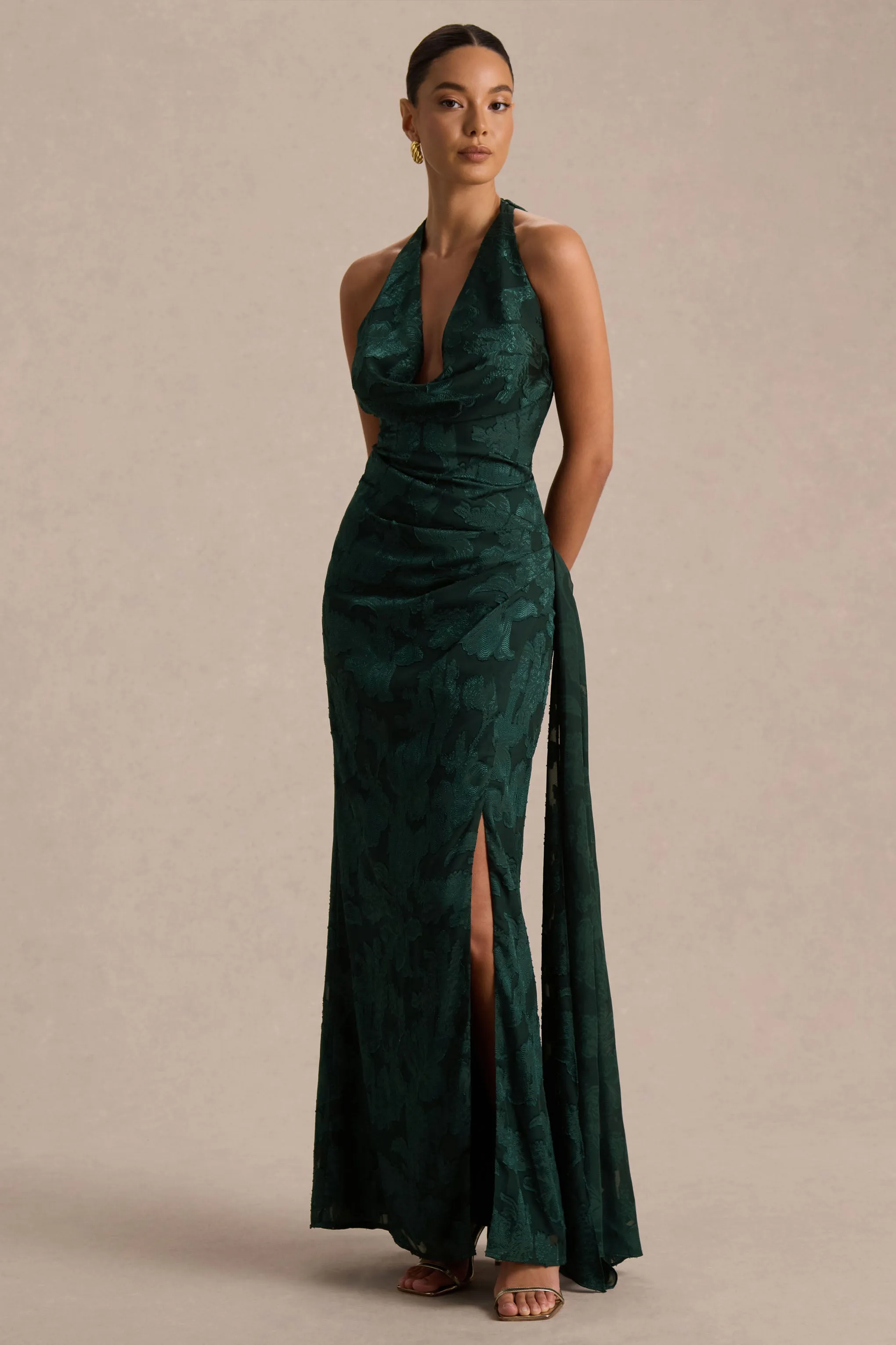 Talula | Dark Green Extreme Cowl-Neck Maxi Dress With Sash And Front-High Split sold by Club L London product image thumbnail 4