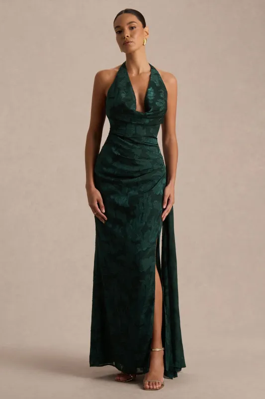 Talula | Dark Green Extreme Cowl-Neck Maxi Dress With Sash And Front-High Split made by Club L London