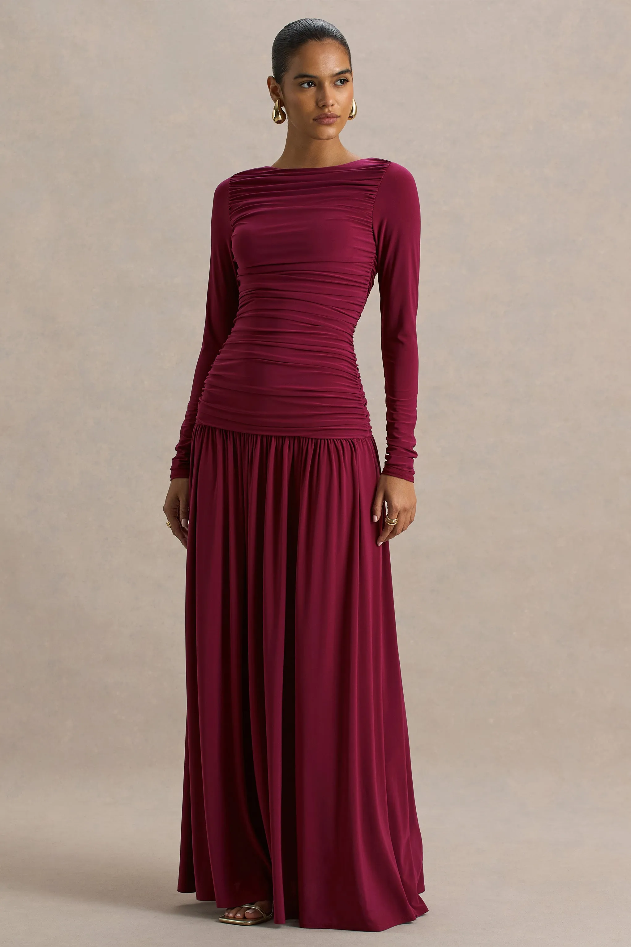 Aniyah | Burgundy Slashed-Neck Maxi Dress With Ruched Detailing sold by Club L London product image thumbnail 3