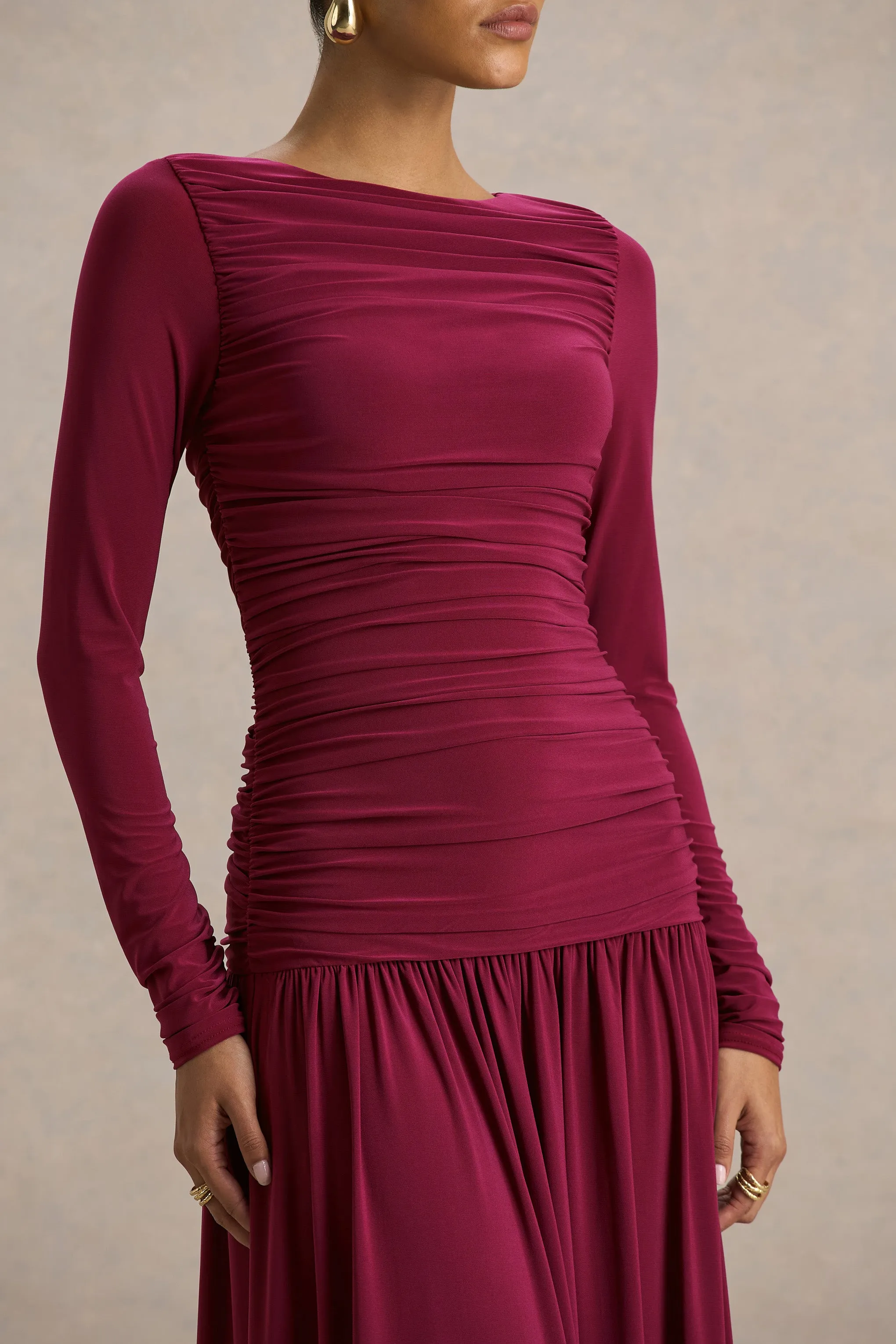 Aniyah | Burgundy Slashed-Neck Maxi Dress With Ruched Detailing sold by Club L London product image thumbnail 4