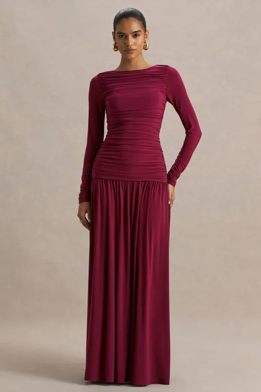 Aniyah | Burgundy Slashed-Neck Maxi Dress With Ruched Detailing sold by Club L London