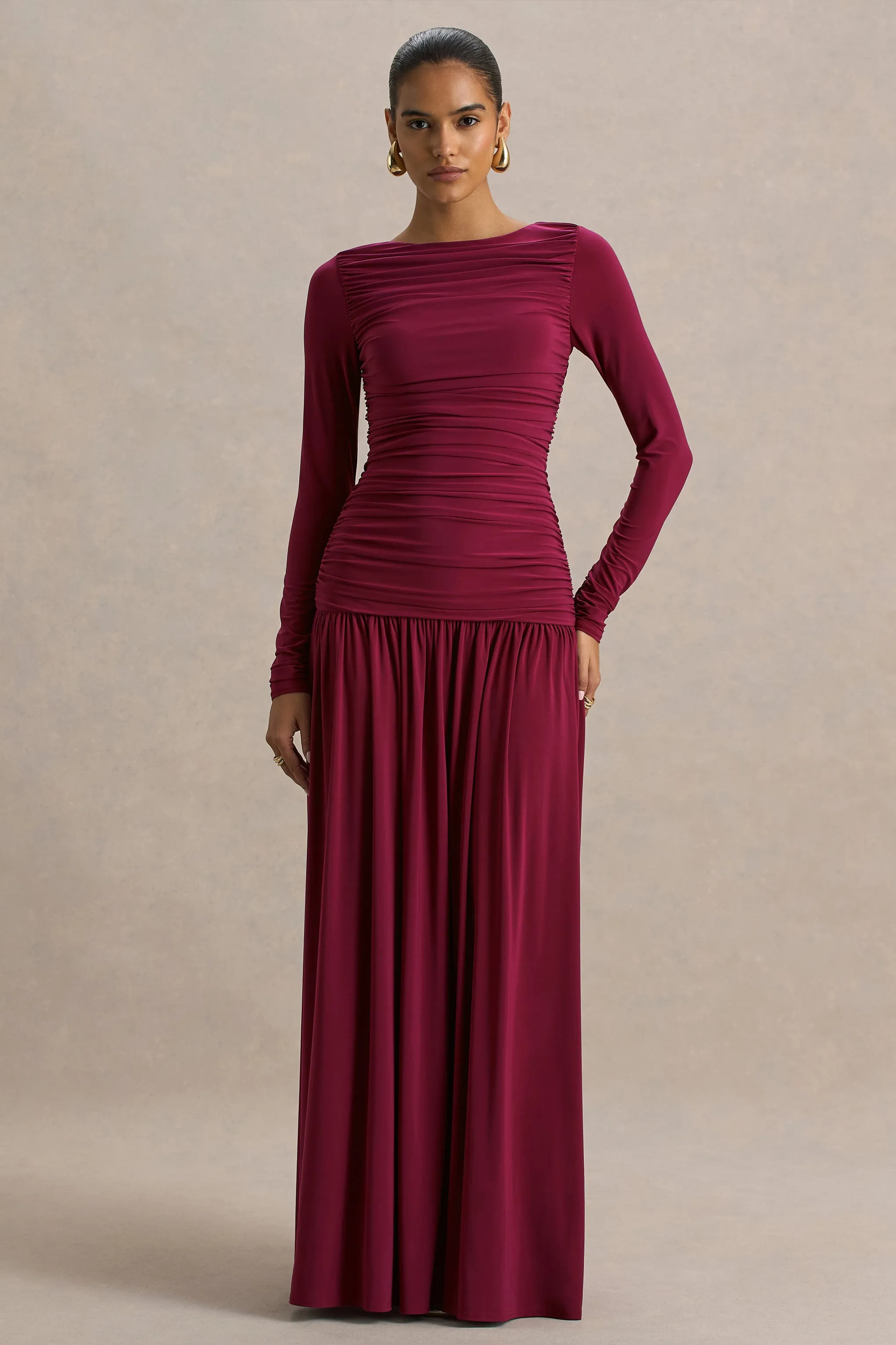 Aniyah | Burgundy Slashed-Neck Maxi Dress With Ruched Detailing sold by Club L London