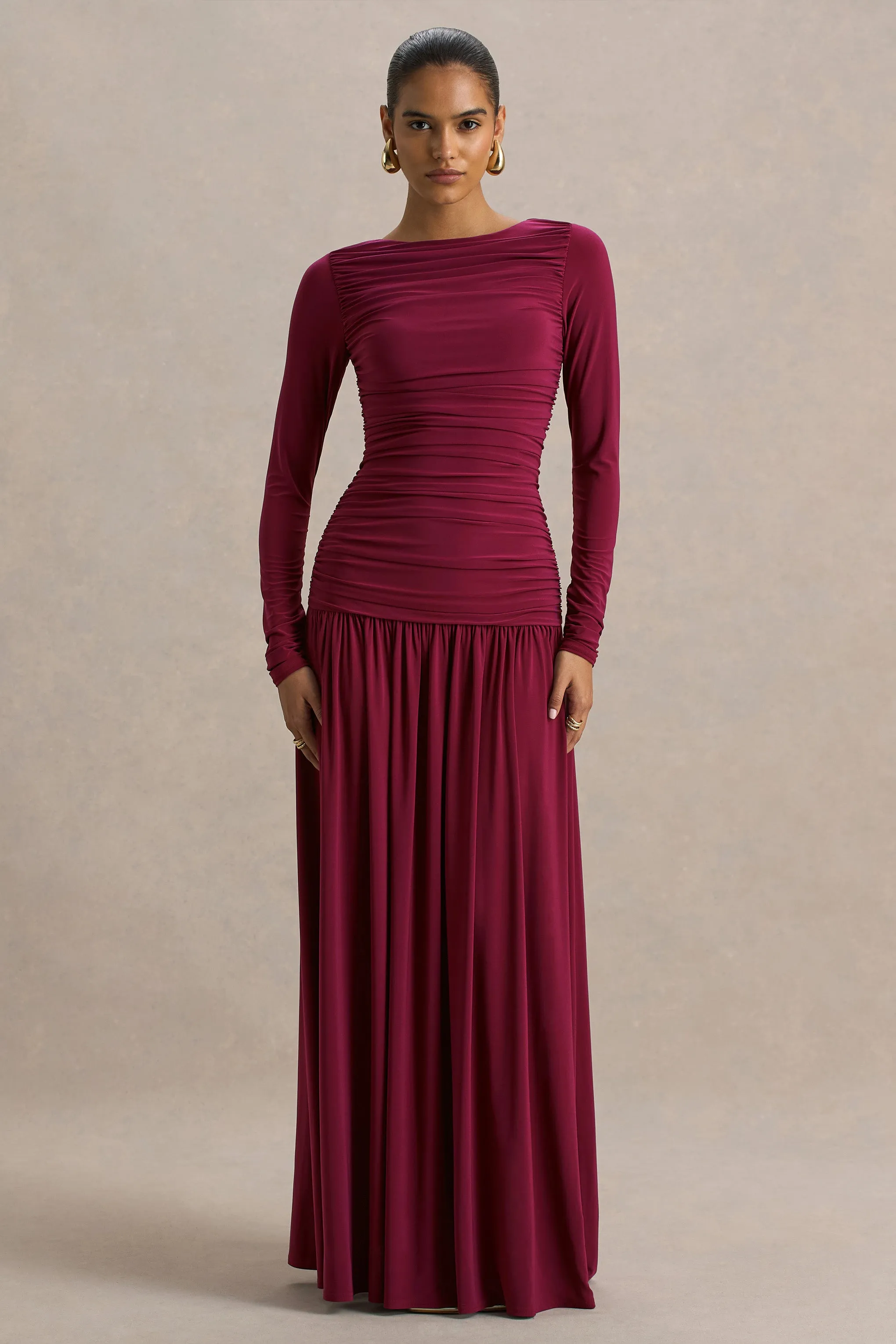 Aniyah | Burgundy Slashed-Neck Maxi Dress With Ruched Detailing sold by Club L London product image thumbnail 5